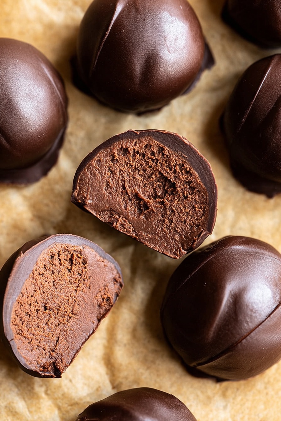 Healthy Chocolate Bean Energy Balls, healthy snack ideas, quick energy bites, vegan dessert recipes, guilt-free chocolate treats - The image shows several round chocolate truffles placed on a light brown parchment-like surface. The truffles have a smooth, shiny dark chocolate outer layer with a rich and dense inner filling that has a lighter brown, slightly crumbly texture. Some truffles are whole and others are cut in half, revealing the thick inner layer which is almost as thick as the outer shell. The truffles are arranged closely together, showing their glossy finish and dense centers clearly. Photo taken with an iphone --ar 2:3 --v 7