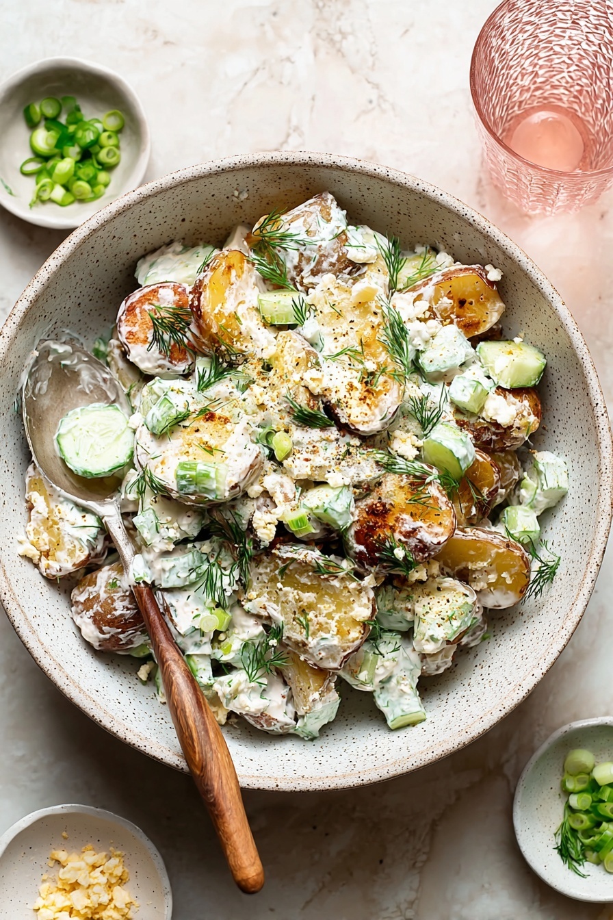 Smashed Potato Salad with Herb Dressing, potato salad with herb dressing, easy smashed potato salad, flavorful potato side dish, fresh herb potato salad - A white speckled bowl holds a creamy potato salad made with thick slices of crispy-skinned, golden brown roasted potatoes as the bottom layer, covered generously with a thick white sauce mixed with small green cucumber cubes, chopped fresh dill, and scallions, topped with small bits of crumbly white cheese and sprinkled black pepper; a spoon with a wooden handle rests inside the bowl, partially scooping the salad. Around the bowl, small white bowls with green onion pieces and crumbly cheese are placed on a white marbled surface, along with a clear textured glass of pink liquid. Photo taken with an iphone --ar 2:3 --v 7