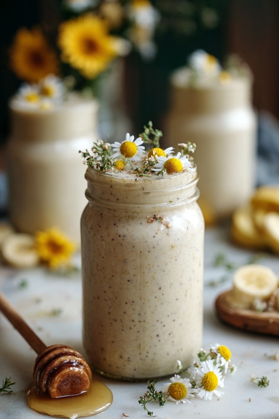 Banana Chamomile Tea Smoothie, calming fruit smoothies, healthy calming drinks, easy smoothies with chamomile, soothing banana smoothies - A tall glass jar filled with a creamy beige smoothie with tiny dark specks. On top of the smoothie, there are small light yellow chamomile flowers and some green herbs placed as decoration. The jar sits on a white marbled surface surrounded by sliced bananas and more chamomile flowers scattered around. In the background, two similar jars filled with the same smoothie are slightly out of focus, also with flower decorations. There is a honey dipper with some honey next to the jar in the front. The overall look is soft and natural with warm, cozy lighting. photo taken with an iphone --ar 2:3 --v 7