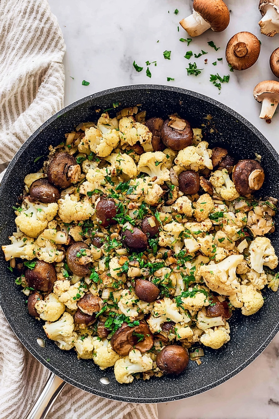 Mushroom Cauliflower Skillet, Mushroom Cauliflower Stir Fry, Vegetarian Mushroom Cauliflower Dish, Easy Mushroom Cauliflower Meal, Healthy Mushroom Cauliflower Recipe - A pan filled with cooked cauliflower and whole brown mushrooms mixed with small pieces of light golden onions and sprinkled with fresh green chopped herbs, showing a mix of light cream, brown, and green colors evenly spread throughout the dark pan, all placed on a white marbled surface with a white and beige striped cloth nearby and some mushrooms and green herbs scattered around, photo taken with an iphone --ar 2:3 --v 7