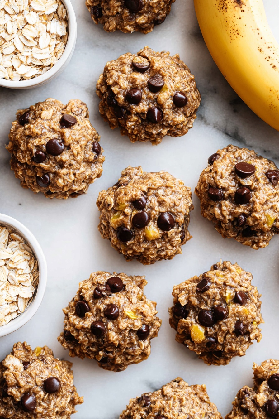Banana Oatmeal Cookies, healthy banana cookies, easy oatmeal cookies, nutritious banana cookies, quick breakfast cookies - This image shows about twelve round oatmeal cookies with chocolate chips and bits of yellow banana mixed in. The cookies have a rough, chunky texture with visible oats and dark brown chocolate chips spread unevenly on their surfaces. They are placed directly on a flat white marbled surface, arranged loosely with some gaps between them. On the top right corner, there is a ripe banana with brown spots resting on the surface. On the bottom left, a small white dish filled with dry rolled oats is partially visible. The lighting is bright and natural, highlighting the texture of the cookies and the banana skin. photo taken with an iphone --ar 2:3 --v 7