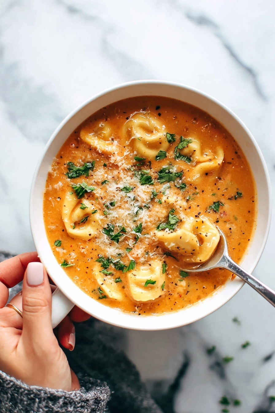 Creamy Italian Sausage Tortellini Soup, Italian sausage soup, creamy tortellini soup, comforting sausage soup recipe, easy Italian soup - A white bowl filled with thick orange soup that has visible small pieces of tortellini pasta, vegetables and herbs mixed in, topped with a light sprinkle of grated cheese and chopped green parsley. A woman's hand is holding the bowl's handle from the left side, and another woman's hand is holding a silver spoon dipping into the soup from the bottom right. The background shows a white marbled texture. photo taken with an iphone --ar 2:3 --v 7