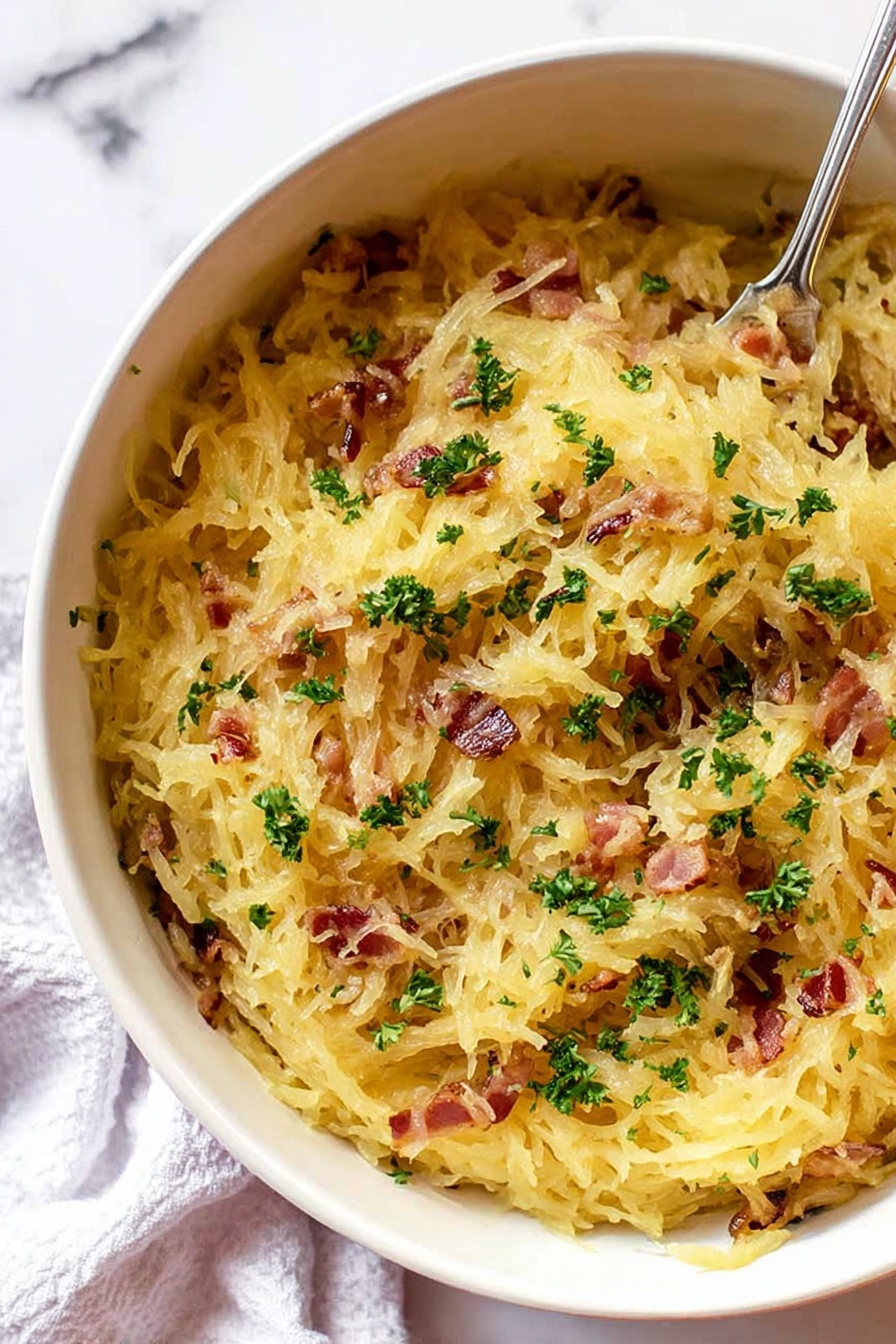 Spaghetti Squash Carbonara, low-carb spaghetti squash dish, healthy comfort food recipes, veggie-packed pasta alternatives, creamy egg and parmesan sauce - The image shows a close-up of creamy spaghetti squash in a round white bowl with a gray rim. The dish has soft, stringy yellow spaghetti squash strands mixed with small pieces of pinkish-brown bacon and bits of green herbs sprinkled on top. A fork is lifting a bundle of the spaghetti squash, showing the stringy texture and a little shine from the sauce. The bowl is placed on a white marbled surface. The lighting is bright and natural, making the colors and textures clear. photo taken with an iphone --ar 2:3 --v 7