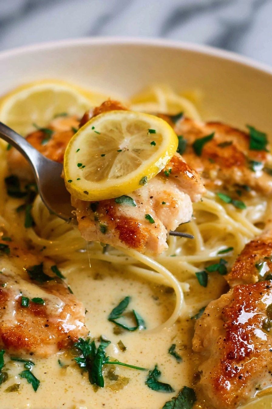 Creamy Lemon Chicken Breast, Chicken with Lemon Sauce, Easy Lemon Chicken, Healthy Chicken Dinner, Quick Lemon Chicken - The image shows a pan with five browned chicken pieces in a thick, pale yellow creamy sauce with small green herb bits mixed in. Each chicken piece is topped with a thin lemon slice, showing a bright yellow color and juicy texture. The chicken looks soft and slightly shiny from the sauce, with crispy edges visible. A silver spoon lies in the sauce towards the top side, partially covered with the creamy mixture and herbs. In the background, there is a white bowl filled with chopped green herbs, placed on a white marbled surface, and a beige cloth nearby. The lighting is soft and natural. photo taken with an iphone --ar 2:3 --v 7