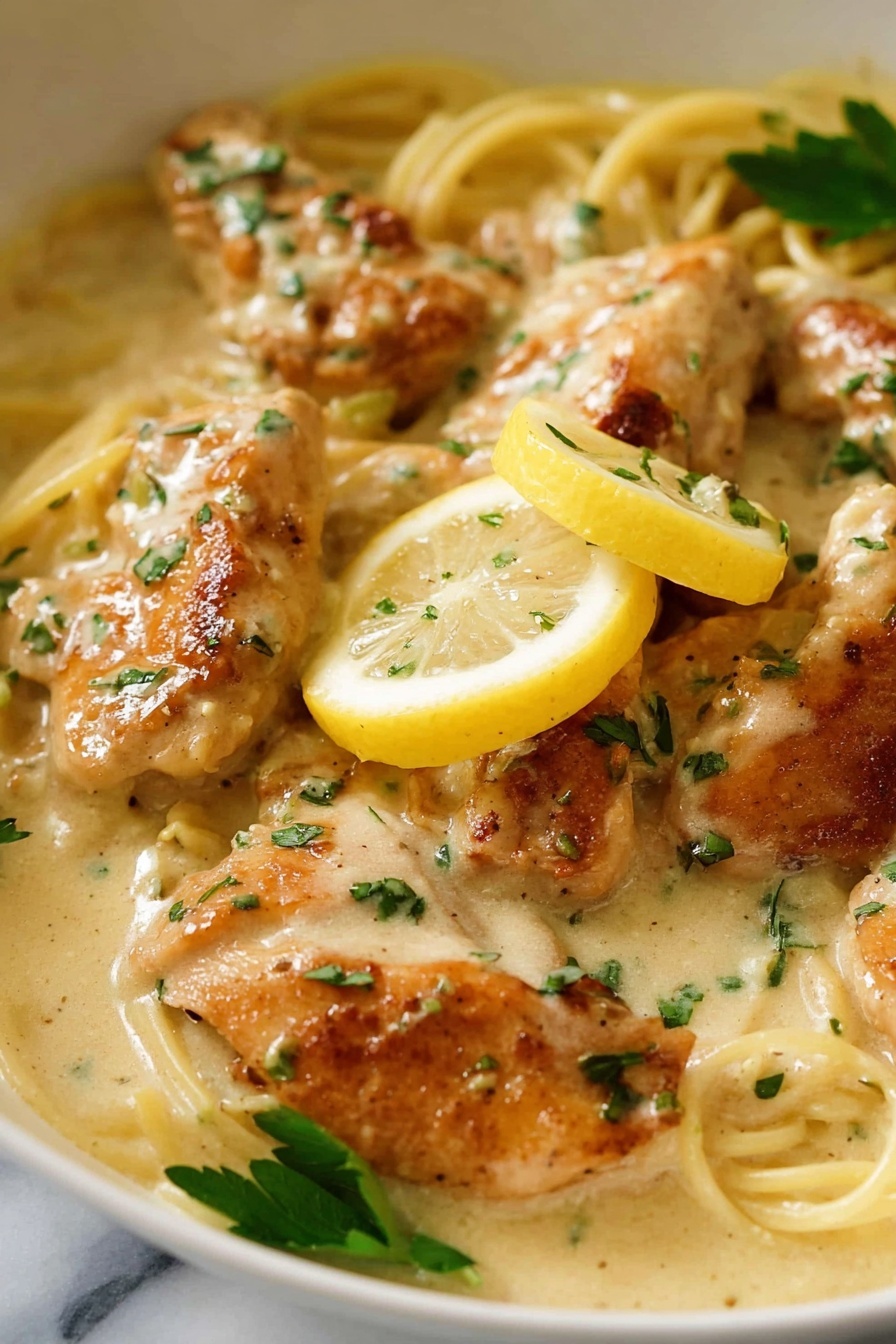 Creamy Lemon Chicken Breast, Chicken with Lemon Sauce, Easy Lemon Chicken, Healthy Chicken Dinner, Quick Lemon Chicken - The image shows several pieces of golden brown cooked fish fillets arranged closely together on a white plate. Each fillet is covered with a creamy light yellow sauce that has small green herb bits sprinkled on top. Thin lemon slices with bright yellow rinds and translucent pale yellow interiors are placed over and around the fish. The sauce pools around the fillets on the plate, giving a smooth and shiny texture. The background is a white marbled surface. photo taken with an iphone --ar 2:3 --v 7