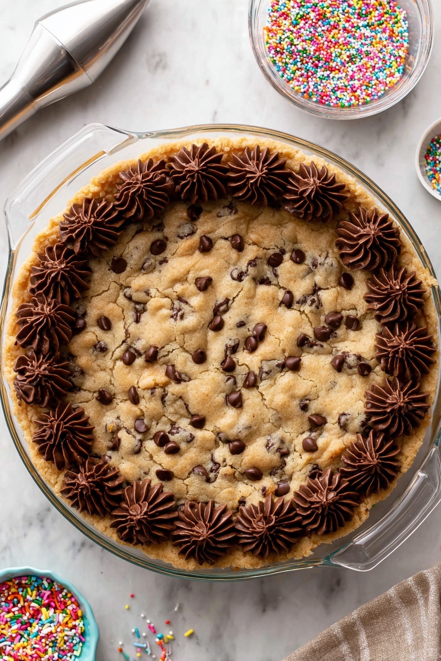 Chocolate Chip Cookie Cake, cookie cake recipe, easy cookie cake, giant cookie cake, celebratory dessert - The image shows a round chocolate chip cookie cake in a clear glass pie dish with two handles. The cookie cake has a light golden-brown color with chocolate chips spread evenly across the surface. Around the edge, there is a ring of dark chocolate frosting piped in swirled dollops, adding texture and contrast. The cookie cake sits on a white marbled surface with a small bowl of colorful round sprinkles placed above it, and a piping bag with a metal tip near the lower left corner. A woman's hand is not visible but implied by the presence of the piping bag. photo taken with an iphone --ar 2:3 --v 7