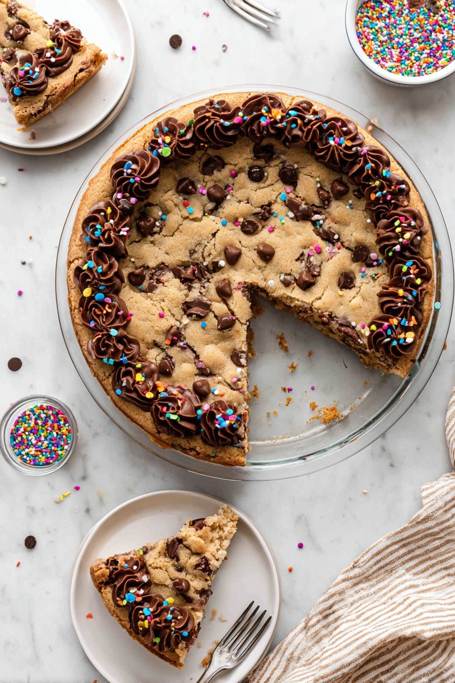 Chocolate Chip Cookie Cake, cookie cake recipe, easy cookie cake, giant cookie cake, celebratory dessert - A round chocolate chip cookie cake with a golden brown color sits in a clear glass pie dish on a white marbled surface. The cookie cake has visible chocolate chips scattered on top and is decorated with swirls of rich, dark chocolate frosting around the edge, each swirl dotted with small, colorful round sprinkles. A slice is missing from the cookie cake, and that slice is placed on a white plate nearby, showing the soft, slightly crumbly texture inside with chocolate chips. The slice is also decorated with chocolate frosting swirls and sprinkles on the edge. A fork with a small bite of cookie rests on the plate. There is a small bowl of colorful sprinkles near the top left and a woman's hand holding a small plate with another slice in the upper left corner. A beige and white striped cloth is partly visible in the lower right corner of the image. Photo taken with an iphone --ar 2:3 --v 7