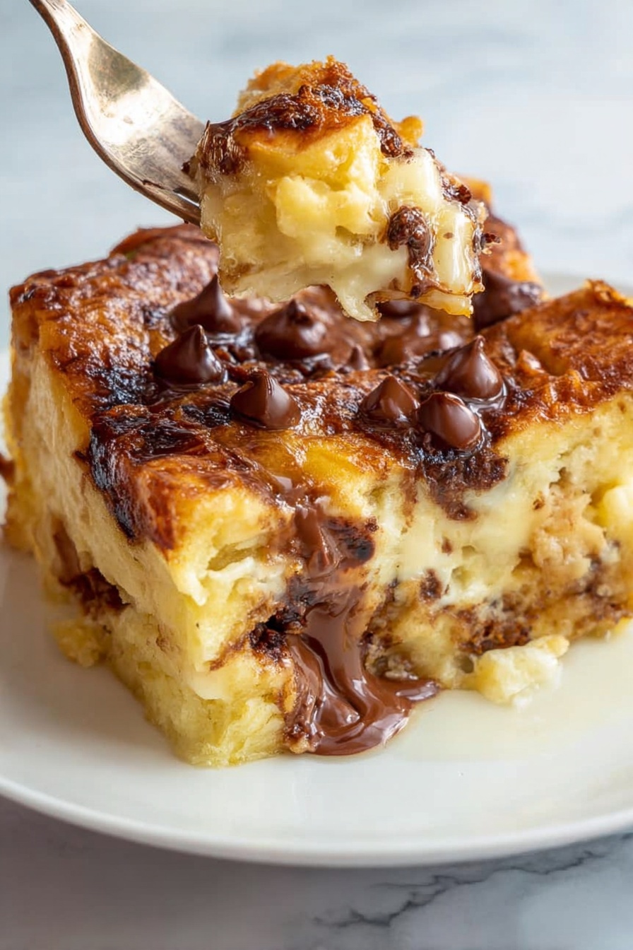 Chocolate Croissant Bake, chocolate pastry casserole, easy breakfast bake, brunch dessert recipe, baked croissant pudding - A thick, square piece of golden baked bread pudding with visible layers of soft, slightly spongy bread soaked in a creamy custard sits on a white plate with a white marbled surface underneath. The top layer is covered unevenly with melted chocolate chips that are melted and shiny, some still holding their shape. A fork lifts a bite-sized piece from the front, showing a gooey chocolate layer inside and the soft, textured bread underneath. The overall look is warm, rich, and inviting. photo taken with an iphone --ar 2:3 --v 7