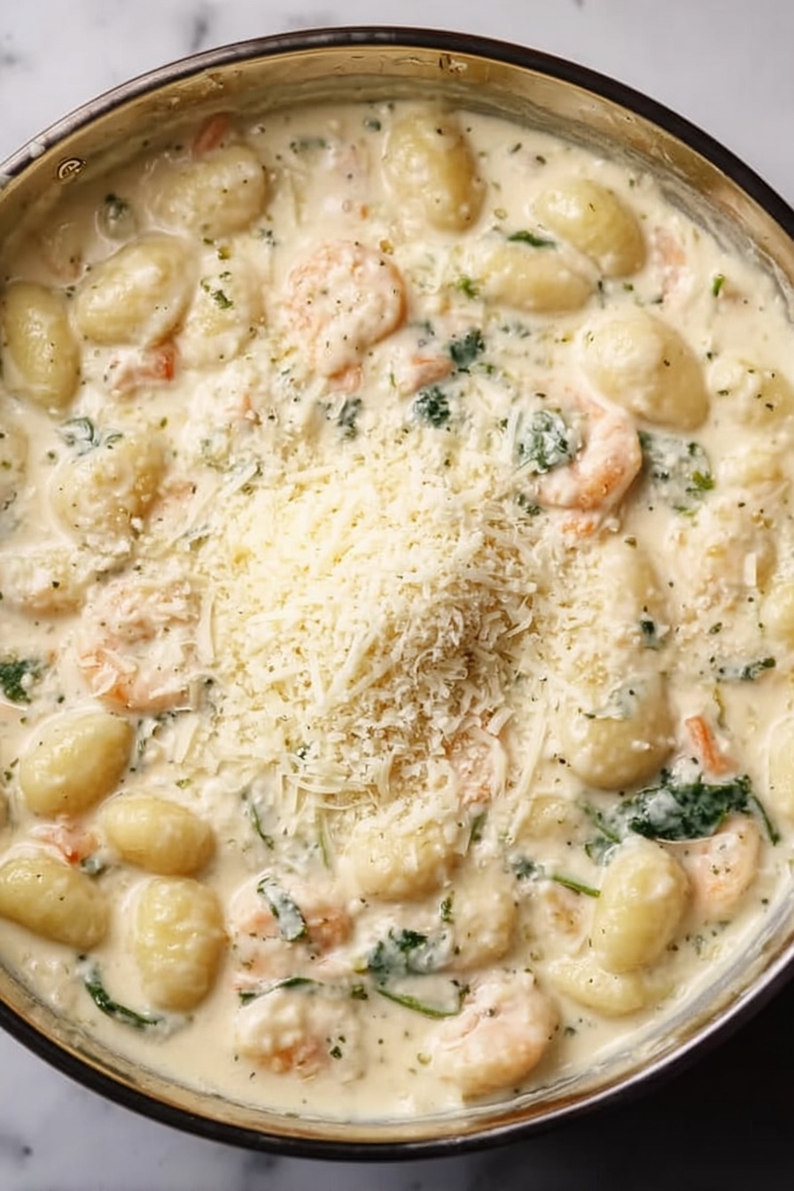 Creamy Chicken Gnocchi Skillet, chicken and gnocchi dinner, easy creamy chicken skillet, one-pan chicken gnocchi, quick comfort food recipes - A close-up of a glass bowl filled with creamy gnocchi pasta covered in a thick white sauce mixed with small pieces of shrimp and green herbs, topped with a layer of finely grated cheese in the center. The sauce looks smooth and rich, with the gnocchi soft and rounded, evenly spread throughout the bowl. The bowl sits on a white marbled surface, and the shot captures the dish from above, showing the creamy texture and details of the ingredients. Photo taken with an iphone --ar 2:3 --v 7