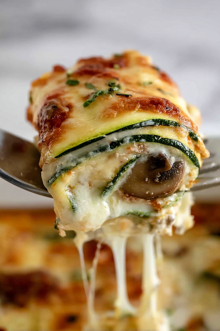 Zucchini Rollatini with Sausage and Cheese, zucchini rollatini, sausage stuffed zucchini rolls, cheesy zucchini appetizer, baked zucchini rollups - A close-up of a fork holding a rolled slice of zucchini lasagna. The lasagna has multiple thin layers, starting with a green zucchini outer layer, followed by a thick creamy white cheese layer, and a middle layer with a small piece of cooked mushroom. The top is covered with melted cheese that has a golden brown, slightly crispy texture. Melted cheese strands stretch from the fork to the white marbled surface below, where more of the cheesy dish is visible blurred in the background. photo taken with an iphone --ar 2:3 --v 7
