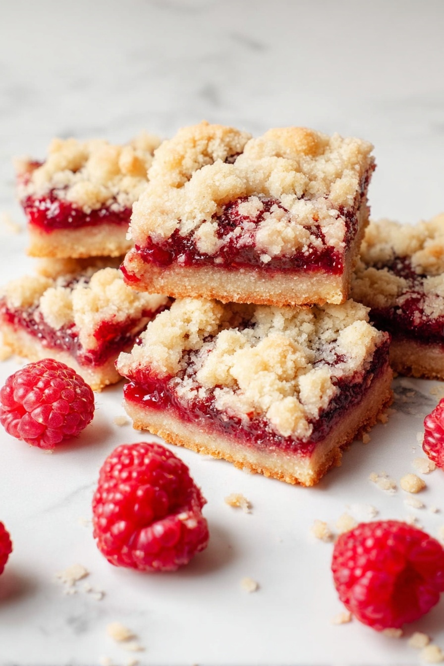 Raspberry Jam Bars, Easy Raspberry Dessert, Jam Bar Recipe, Sweet Raspberry Bars, Buttery Jam Bars - The image shows five square raspberry crumble bars on a white marbled surface, each bar with three visible layers: a firm light golden base, a bright red raspberry jam layer in the middle, and a crumbly pale beige topping with uneven small crumbles covering the top. Scattered around the bars are fresh whole raspberries, bright red with textured surfaces. The bars and raspberries are well lit, showing their textures clearly. photo taken with an iphone --ar 2:3 --v 7