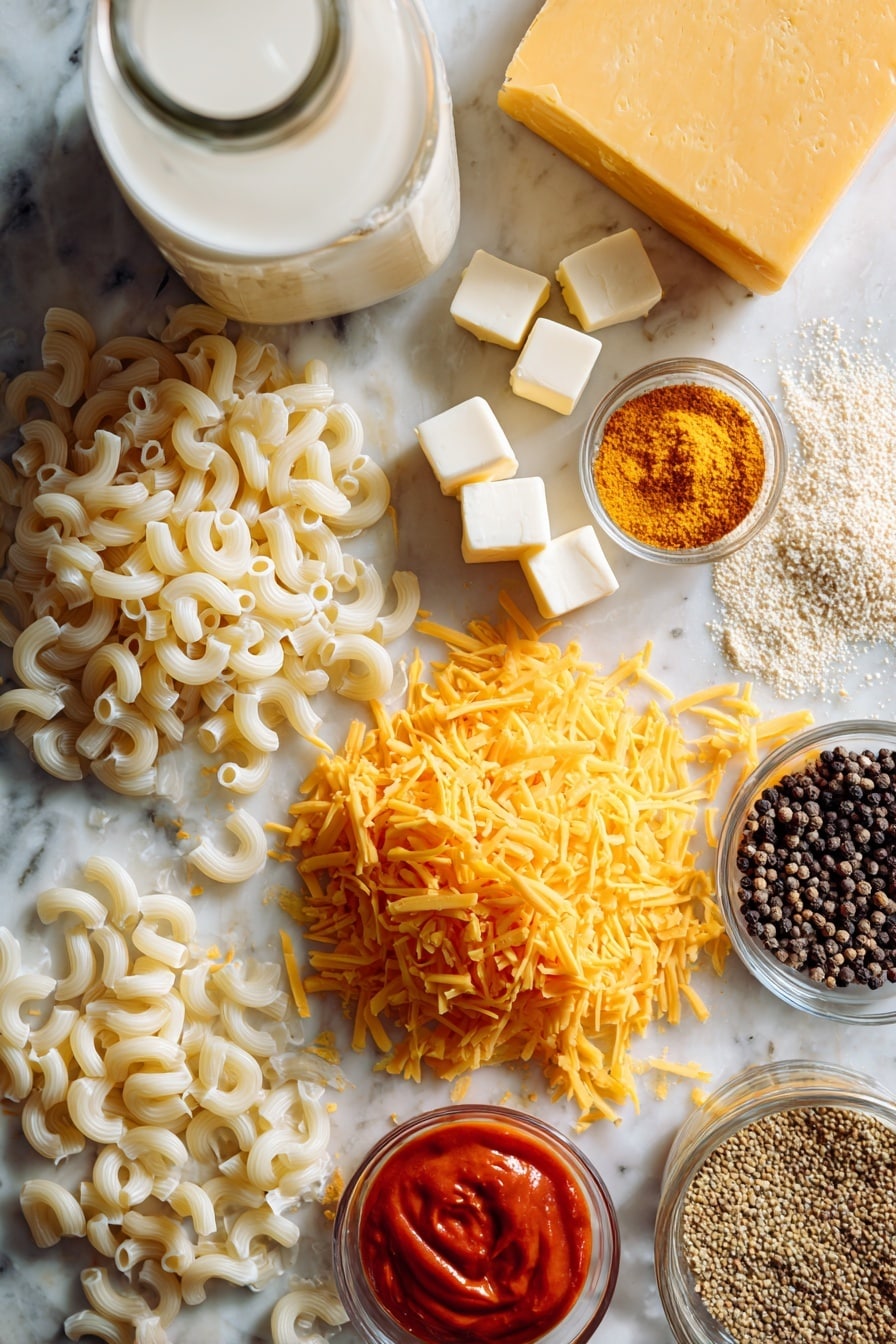 Crock Pot Mac and Cheese, creamy slow cooker mac and cheese, easy crockpot pasta dish, cheesy slow cooker dinner, comfort food mac and cheese - Flat lay of uncooked white macaroni pasta scattered next to smooth blocks and small cubes of creamy white cream cheese and soft yellow butter pieces, a generous pile of shredded bright orange cheddar cheese showing its fine texture, a small puddle of rich red-orange sriracha sauce, a few dried mustard seeds and ground mustard powder with a warm yellow tone, and a couple of black peppercorns adding a dark contrast, all beautifully arranged with a glass jar of creamy off-white evaporated milk and a clear bottle of golden chicken broth in the background, placed on white marbled surface, photo taken with an iphone --ar 2:3 --v 7