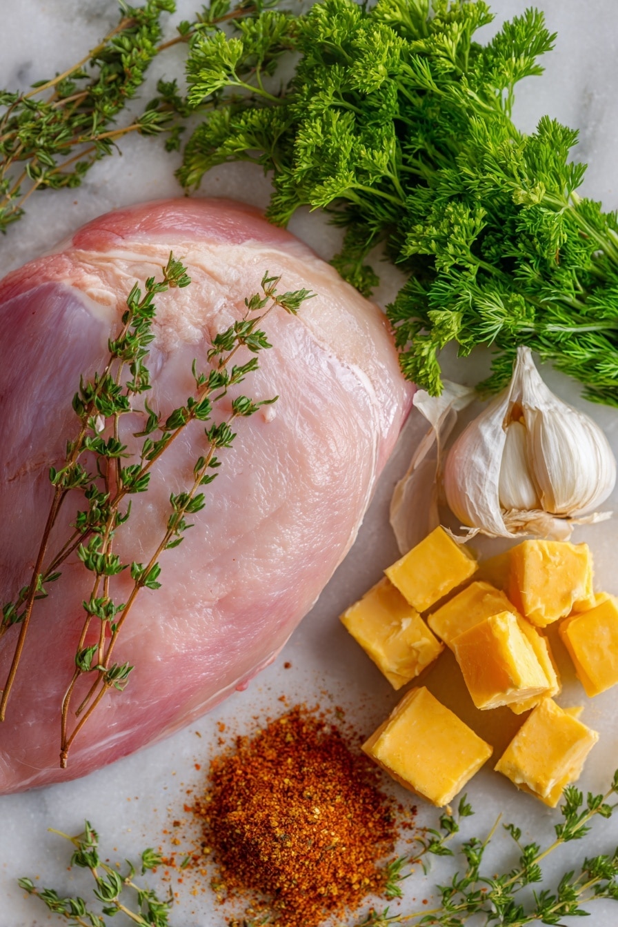 Cajun Butter Smoked Turkey Breast, smoked turkey breast recipe, Cajun turkey recipe, flavorful smoked turkey, juicy turkey breast - Flat lay of a plump, raw boneless turkey breast with smooth pale pink skin, vibrant green fresh parsley leaves scattered alongside sprigs of bright green fresh dill and thyme, two garlic cloves with papery white skins and slightly crushed texture, a small mound of deep reddish-brown Cajun seasoning powder with hints of orange and rusty tones, and glossy golden cubes of salted butter, all naturally arranged in a rustic yet elegant way, placed on white marbled surface, photo taken with an iphone --ar 2:3 --v 7