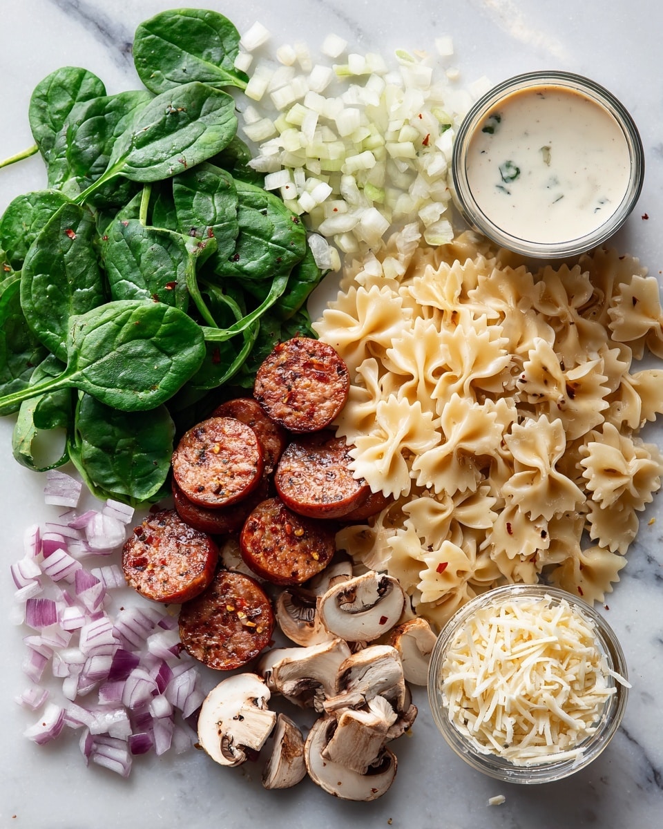 Creamy Vegan Sausage Pasta with Spinach, vegan pasta recipes, plant-based sausage pasta, quick vegan dinner ideas, dairy-free creamy pasta - Flat lay of sliced Italian vegan sausage with a rich brown sear, fresh baby spinach leaves in vibrant green, chopped sweet onion pieces in pale purple and white, minced garlic cloves with their creamy off-white texture, bright red chili flakes scattered naturally, a smooth can of light coconut milk with creamy white swirls visible, short cut pasta in a soft yellow tone with a slightly matte finish, and a small mound of grated vegan parmesan cheese in delicate off-white shreds, all beautifully arranged with contrasting colors and textures placed on white marbled surface, photo taken with an iphone --ar 2:3 --v 7