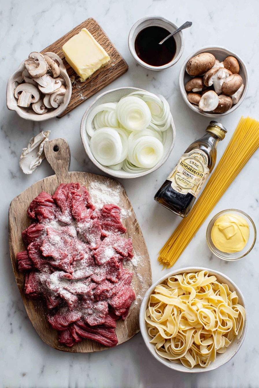 Old Fashioned Beef Stroganoff, beef stroganoff recipe, comfort food recipes, classic beef stroganoff, easy beef stroganoff - Flat lay of a generous pile of thinly sliced raw beef sirloin strips dusted with flour, a medium white onion sliced into rings, a small heap of sliced brown mushrooms, a pat of salted butter on a wooden board, a small bowl of rich beef broth next to a bottle of Worcestershire sauce, a dollop of creamy sour cream in a white ceramic bowl, a spoonful of Dijon mustard nearby, a bundle of uncooked egg noodles, and a drizzle of golden olive oil, all placed on a white marble surface, photo taken with an iphone --ar 2:3 --v 7