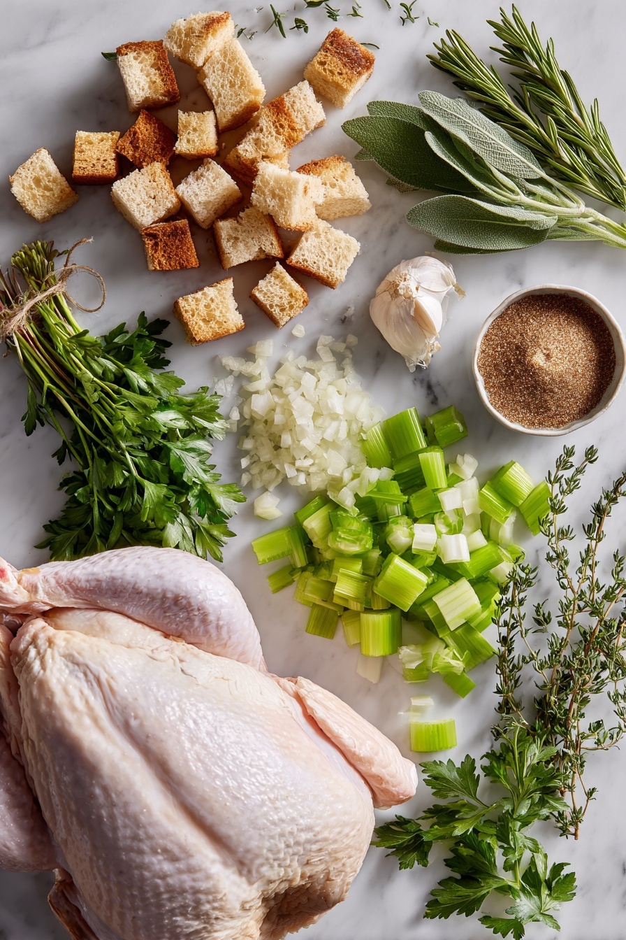 Sheet Pan Turkey and Stuffing Bake, easy holiday dinner, turkey skillet meal, one-pan turkey casserole, cozy weeknight dinner - Flat lay of golden toasted bread cubes, fresh minced garlic cloves, diced white onion, crisp celery ribs, bright green chopped parsley, a bundle of fresh herbs including sage, thyme, and rosemary, a small bowl of rich brown sugar, and a raw boneless turkey breast with skin, placed on a white marble surface, photo taken with an iphone --ar 2:3 --v 7