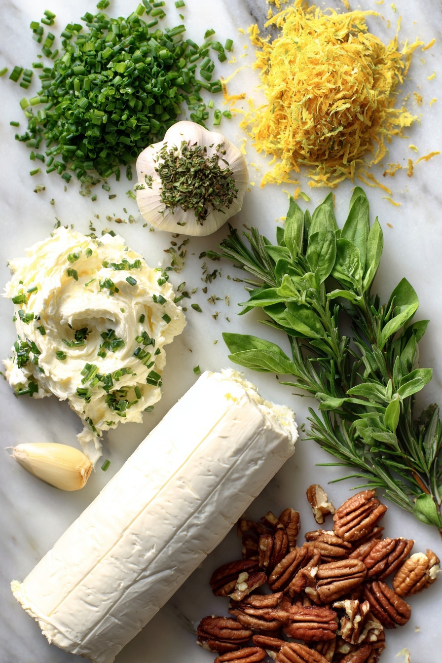 Garlic Herb Cheese Log, cheese ball recipe, flavorful cheese log, easy party appetizer, goat cheese herb roll - Flat lay of a smooth log of chèvre goat cheese and softened cream cheese, fresh bright green chives, parsley, basil, and oregano finely chopped, a small pile of golden lemon zest, a peeled garlic clove, and a handful of chopped pecans scattered around, placed on a white marble surface, photo taken with an iphone --ar 2:3 --v 7
