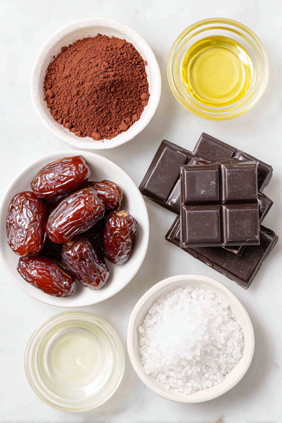 Healthy Cocoa Date Truffles, healthy chocolate treats, nutritious date balls, best guilt-free desserts, simple wholesome snacks - Flat lay of a small pile of glossy pitted dates, a small white ceramic bowl filled with rich dark brown cocoa powder, a few chunks of chopped dark chocolate, a small white ceramic bowl containing clear coconut oil, and a small white ceramic bowl with flaky sea salt crystals, all arranged in perfect symmetry on a clean white marble surface, soft natural light, photo taken with an iPhone, professional food photography style, fresh ingredients, white ceramic bowls, no bottles, no duplicates, no utensils, no packaging --ar 2:3 --v 7 --p awthu7i m7354615311229779997