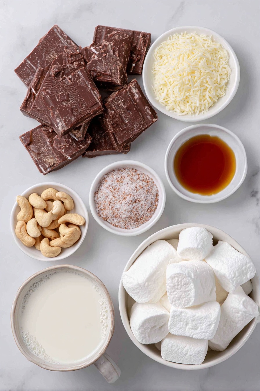 Vegan White Hot Chocolate, dairy-free hot chocolate, plant-based hot chocolate, vegan winter drinks, creamy vegan hot chocolate - Flat lay of raw cacao butter buttons, whole cashew nuts, a small white bowl of maple syrup, a small white bowl of vanilla extract, whole nutmeg seed with a few freshly grated nutmeg shavings nearby, vegan marshmallows piled gently, a small mound of vegan whipped cream, and a simple white ceramic cup filled with fresh almond milk, all arranged with perfect symmetry on a clean white marble surface, soft natural light, photo taken with an iPhone, professional food photography style, fresh ingredients, white ceramic bowls, no bottles, no duplicates, no utensils, no packaging --ar 2:3 --v 7 --p awthu7i m7354615311229779997