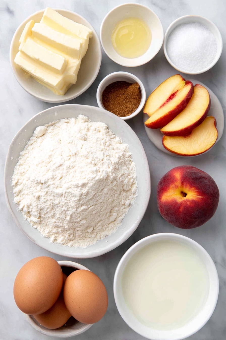 Peach Upside-Down Cake, peach dessert, caramelized peach cake, easy fruit desserts, summer fruit recipes - Flat lay of a small mound of all-purpose flour on a simple white ceramic plate, a few tablespoons of salted butter in a small white bowl, packed brown sugar in another small white bowl, a pinch of cinnamon in a tiny white bowl, three large peeled peach halves with their vibrant orange and pink flesh, a white ceramic bowl containing a whole, uncracked brown egg, a small white bowl filled with smooth milk, a small white bowl holding granulated sugar, and a small white bowl with vanilla extract placed as a clear pale liquid, all arranged in perfect symmetry on a clean white marble surface, soft natural light, photo taken with an iPhone, professional food photography style, fresh ingredients, white ceramic bowls, no bottles, no duplicates, no utensils, no packaging --ar 2:3 --v 7 --p awthu7i m7354615311229779997