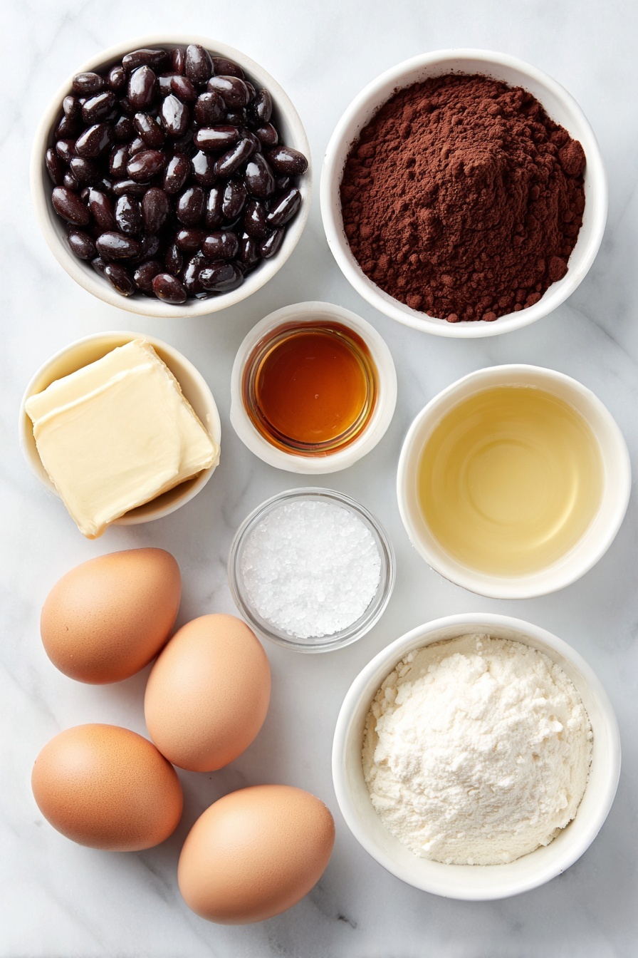 Healthy Chocolate Bean Energy Balls, healthy snack ideas, quick energy bites, vegan dessert recipes, guilt-free chocolate treats - Flat lay of a small white ceramic bowl of shiny black beans, a small white ceramic bowl filled with rich dark cocoa powder, a few smooth, uncracked brown eggs with clean shells, a small white ceramic bowl holding pale golden coconut oil, a small white ceramic bowl of amber maple syrup, a small white ceramic bowl with fine white salt crystals, a tiny white ceramic bowl containing clear pure vanilla extract, and a tiny white ceramic bowl with a translucent pale liquid suggesting peppermint extract, all arranged with perfect symmetry and balanced proportions, placed on a clean white marble surface, soft natural light, photo taken with an iPhone, professional food photography style, fresh ingredients, white ceramic bowls, no bottles, no duplicates, no utensils, no packaging --ar 2:3 --v 7 --p awthu7i m7354615311229779997