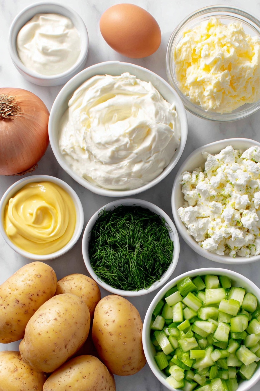 Smashed Potato Salad with Herb Dressing, potato salad with herb dressing, easy smashed potato salad, flavorful potato side dish, fresh herb potato salad - Flat lay of fresh baby Yukon gold potatoes with smooth golden skins, a small white bowl of rich olive oil, a whole uncracked brown egg with a clean shell, a small white bowl filled with creamy Greek yogurt, another small white bowl of thick pale mayonnaise, a small white bowl holding finely chopped bright green dill, a small white bowl with chopped fresh parsley leaves, a whole shallot with smooth purple-tinged skin, a single fresh garlic clove with papery white skin, a small white bowl of smooth yellow Dijon mustard, a small white bowl containing vibrant yellow lemon juice, a small white bowl filled with deep red wine vinegar, a small white bowl of crisp diced cucumber with light green flesh and dark green skin, a small white bowl of pale diced celery, a small white bowl with chunky diced bright green dill pickles, sliced green onions with white bulbs and long green stalks arranged neatly in a white bowl, and a small white bowl with crumbly white feta cheese for garnish, all arranged symmetrically and proportionally on a clean white marble surface, soft natural light, photo taken with an iPhone, professional food photography style, fresh ingredients, white ceramic bowls, no bottles, no duplicates, no utensils, no packaging --ar 2:3 --v 7 --p awthu7i m7354615311229779997