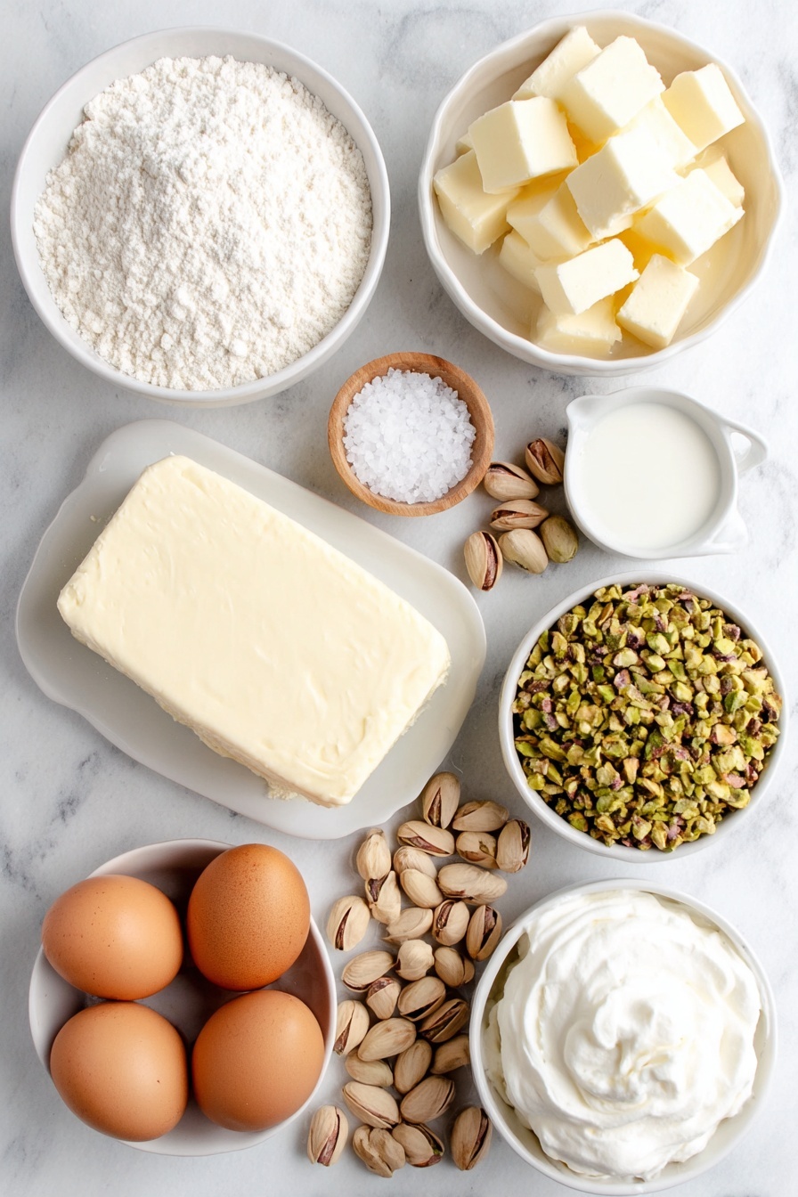 Pistachio Custard Pie, pistachio dessert, nutty pie recipe, creamy custard pie, easy pistachio pie - Flat lay of a small white ceramic bowl of all purpose flour, a small white ceramic bowl of white granulated sugar, a few sprigs of coarse salt crystals sprinkled nearby, several small cubes of cold salted butter arranged neatly, a small white ceramic bowl filled with finely chopped pistachios, a few whole lightly salted roasted pistachios scattered, a smooth block of cream cheese on a white ceramic plate, four whole uncracked brown eggs, a small white ceramic bowl containing whole milk, a small white ceramic bowl with a pale vanilla extract liquid, a small white ceramic bowl with almond extract liquid, and a dollop of fresh whipped cream in a small white ceramic bowl, all placed on a clean white marble surface, soft natural light, photo taken with an iPhone, professional food photography style, fresh ingredients, white ceramic bowls, no bottles, no duplicates, no utensils, no packaging --ar 2:3 --v 7 --p awthu7i m7354615311229779997