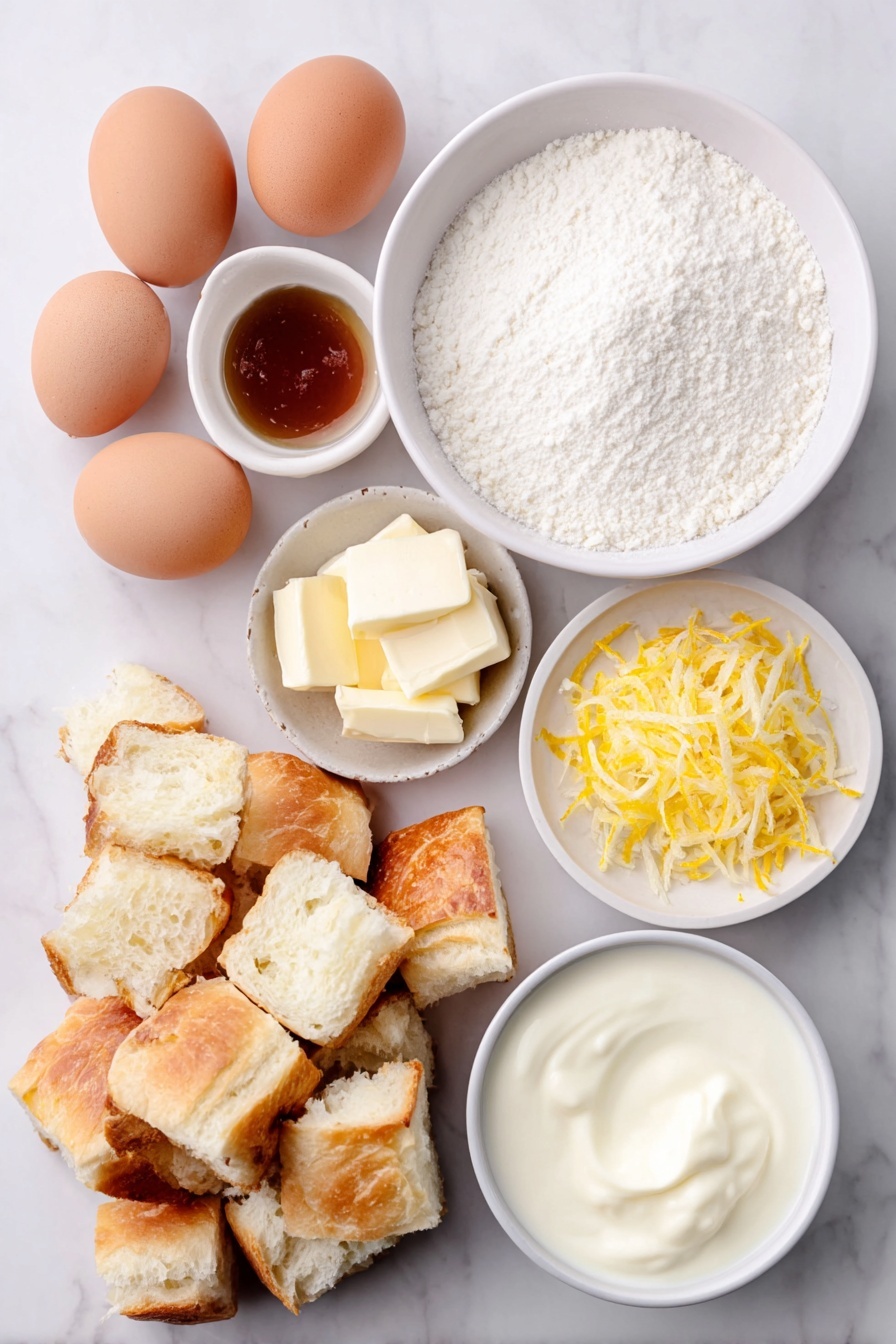 Custard Bread Pudding with Vanilla Sauce, decadent bread pudding, easy bread pudding dessert, creamy custard bread pudding, vanilla sauce dessert - Flat lay of a crusty loaf of French bread cut into rustic cubes, a few whole uncracked brown eggs with clean shells, a small white ceramic bowl filled with fresh whole milk, another small white bowl holding rich heavy cream, a small white bowl with fine granulated sugar, a small white bowl containing golden vanilla extract liquid, and a few thin strips of bright orange zest arranged artfully, all placed on a clean white marble surface, soft natural light, photo taken with an iPhone, professional food photography style, fresh ingredients, white ceramic bowls, no bottles, no duplicates, no utensils, no packaging --ar 2:3 --v 7 --p awthu7i m7354615311229779997