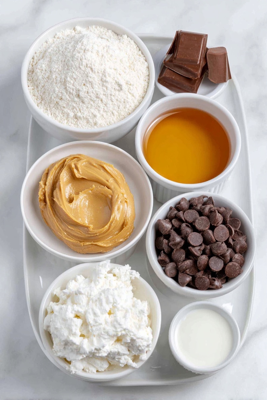 Healthy Protein Cookie Dough Bites, healthy snack recipes, no-bake protein snacks, quick healthy treats, protein powder cookie bites - Flat lay of a small white ceramic bowl of fine almond flour, a small white ceramic bowl of vanilla protein powder, a smooth dollop of creamy peanut butter on a simple white ceramic plate, a small white ceramic bowl filled with amber maple syrup, a small white ceramic bowl of creamy non-dairy milk, a few drops of vanilla extract in a tiny white ceramic bowl, and a small white ceramic bowl heaped with glossy dark chocolate chips, all arranged symmetrically and naturally fresh, placed on a clean white marble surface, soft natural light, photo taken with an iPhone, professional food photography style, fresh ingredients, white ceramic bowls, no bottles, no duplicates, no utensils, no packaging --ar 2:3 --v 7 --p m7354615311229779997