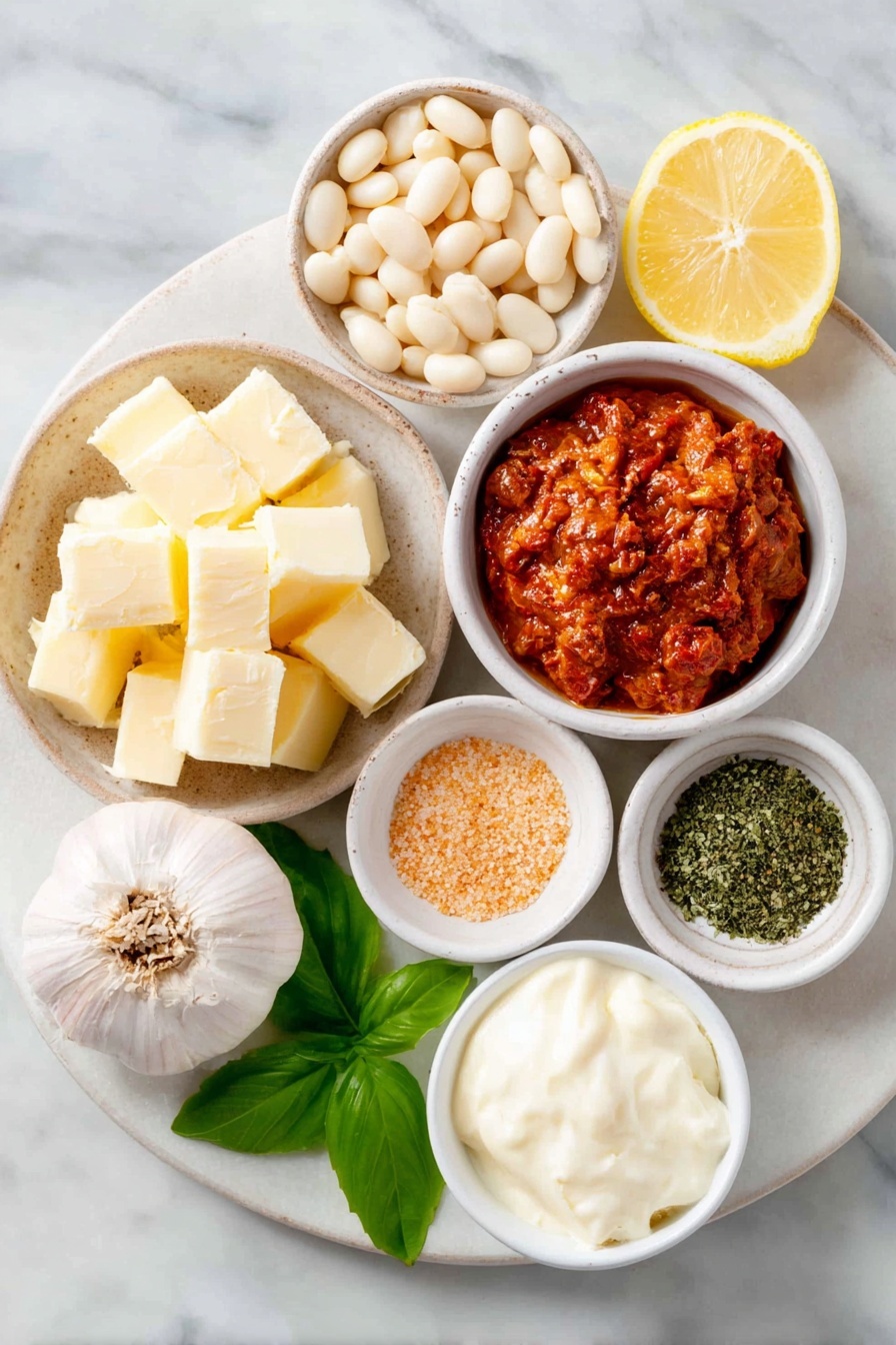 Vegan Butter Bean Skillet, vegan skillet recipes, plant-based bean dishes, healthy vegan dinner, easy vegan comfort food - Flat lay of vegan butter in a small white ceramic bowl, a large shallot unpeeled beside finely diced shallot pieces on a white ceramic plate, four whole cloves of garlic with some minced garlic in a small white bowl, a small white bowl filled with chopped sun-dried tomatoes glistening with oil, a small white bowl with smooth red tomato paste, dried oregano, dried thyme, and chili flakes each in their own small white ceramic bowls, whole fresh butter beans scattered next to a small white bowl containing creamy coconut cream, a small white bowl with golden nutritional yeast flakes, a lemon cut in half showing bright yellow flesh alongside fresh green basil sprigs on a simple white ceramic plate, arranged symmetrically and balanced, placed on a clean white marble surface, soft natural light, photo taken with an iPhone, professional food photography style, fresh ingredients, white ceramic bowls, no bottles, no duplicates, no utensils, no packaging --ar 2:3 --v 7 --p m7354615311229779997