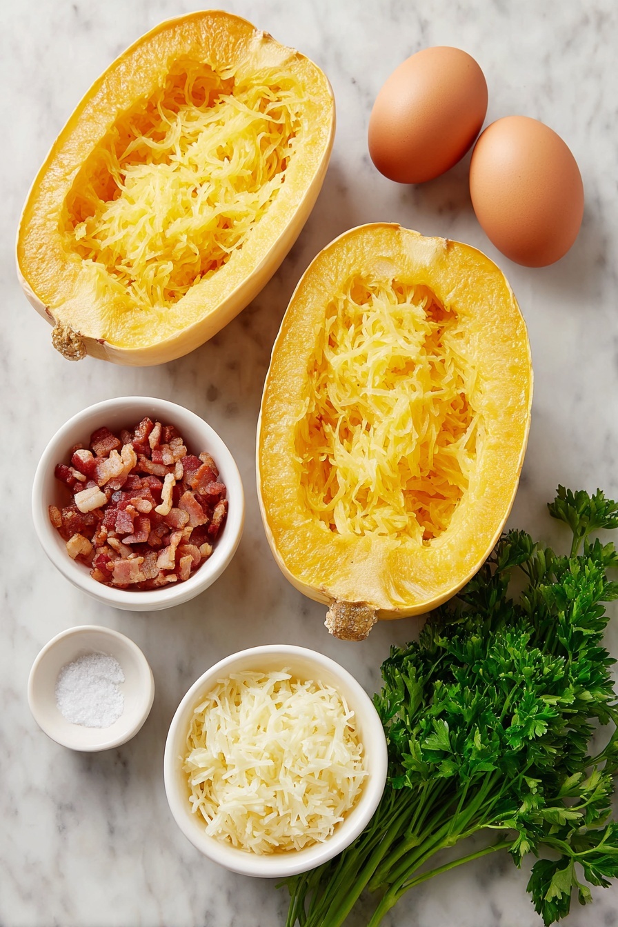 Spaghetti Squash Carbonara, low-carb spaghetti squash dish, healthy comfort food recipes, veggie-packed pasta alternatives, creamy egg and parmesan sauce - Flat lay of a halved spaghetti squash showing bright yellow-orange flesh with visible strands, two whole brown eggs with clean shells, two small white ceramic bowls—one filled with finely grated pale yellow Parmesan cheese, the other with minced fresh garlic cloves, a small white ceramic bowl containing roughly chopped crispy bacon pieces with golden-brown edges, a few sprigs of fresh vibrant green parsley, and a small white ceramic bowl holding coarse kosher salt, all arranged in perfect symmetry on a clean white marble surface, soft natural light, photo taken with an iPhone, professional food photography style, fresh ingredients, white ceramic bowls, no bottles, no duplicates, no utensils, no packaging --ar 2:3 --v 7 --p m7354615311229779997