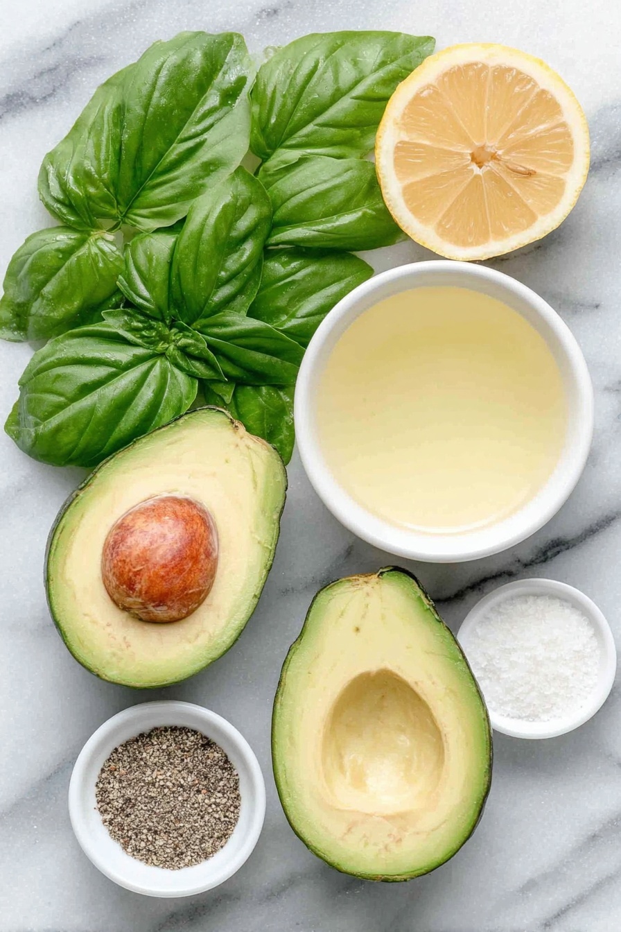 Avocado Lemon Pesto, healthy avocado pesto, quick vegan pesto, creamy lemon pesto, nut-free pesto - Flat lay of fresh bright green basil leaves spread out, a ripe halved avocado with creamy green flesh, a small white ceramic bowl filled with pale yellow lemon juice, a small white ceramic bowl of clear water, a small white ceramic bowl of coarse sea salt, a small white ceramic bowl with freshly ground black pepper, a small white ceramic bowl containing fine white garlic powder, all ingredients arranged in perfect symmetry on a clean white marble surface, soft natural light, photo taken with an iPhone, professional food photography style, fresh ingredients, white ceramic bowls, no bottles, no duplicates, no utensils, no packaging --ar 2:3 --v 7 --p m7354615311229779997