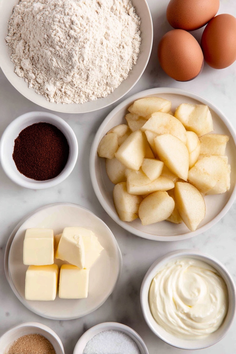 Easy Apple Slab Pie, apple slab pie, rustic apple pie, homemade apple pie, easy dessert recipes - Flat lay of a large simple white ceramic bowl filled with peeled, cored, and chopped fresh apples in half-inch chunks, a small white bowl of granulated sugar, a small white bowl of cornstarch, a small white bowl containing a spice mix of ground cinnamon, ground nutmeg, ground allspice, and table salt, a few cubes of cold unsalted butter arranged neatly on a plain white ceramic plate, a small white bowl of all-purpose flour, a small white bowl of sugar, a small white bowl of table salt, a whole lemon cut in half nearby with some lemon juice visible on a small white bowl, a few whole brown eggs with clean uncracked shells resting on a white ceramic plate, a small white bowl of heavy cream, and a small white bowl of very cold water, all placed on a clean white marble surface, soft natural light, photo taken with an iPhone, professional food photography style, fresh ingredients, white ceramic bowls, no bottles, no duplicates, no utensils, no packaging --ar 2:3 --v 7 --p m7354615311229779997
