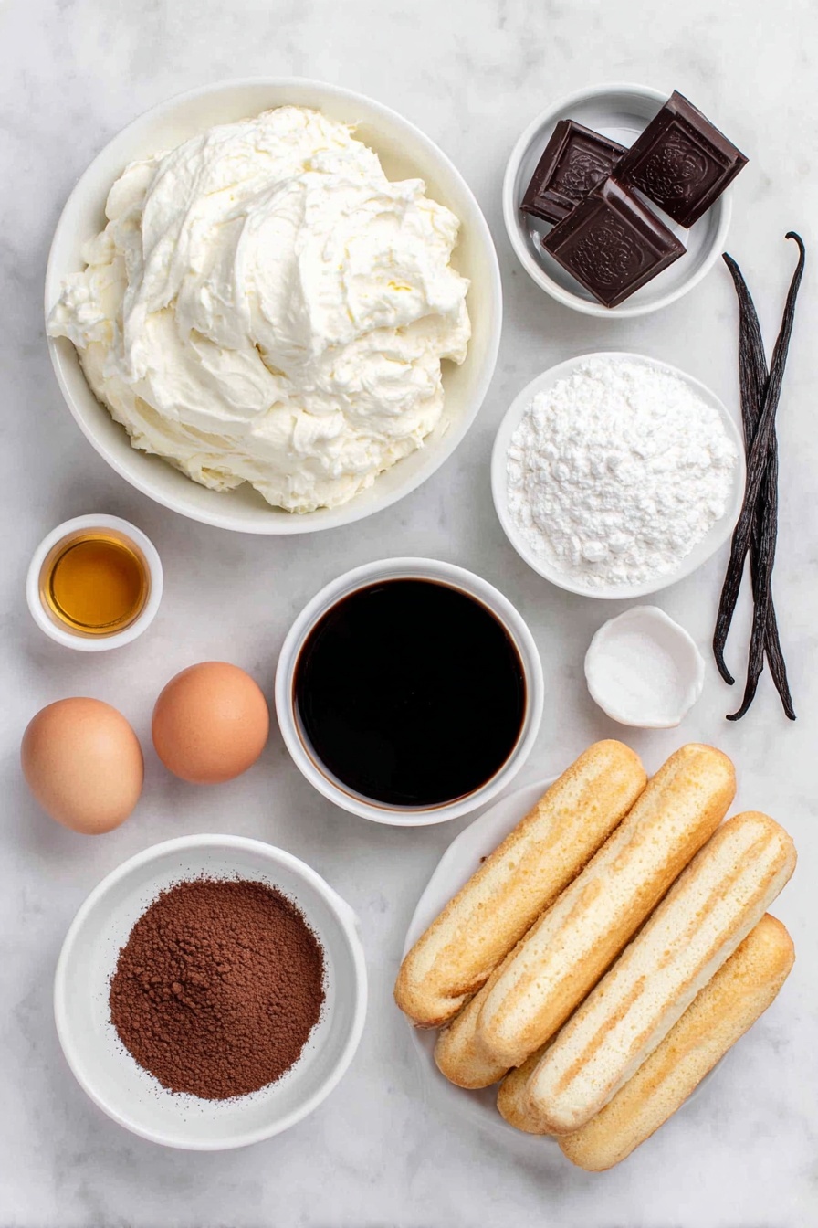 How to Make Individual Tiramisu Cups, individual tiramisu cups, homemade tiramisu servings, easy tiramisu dessert, personalized tiramisu cups - Flat lay of a small mound of fresh mascarpone cheese, a small white ceramic bowl of cold heavy whipping cream, a small white bowl filled with fine powdered sugar, a single vanilla bean pod beside a small white bowl of clear vanilla extract, a few whole uncracked brown eggs, a small white bowl with amber brandy, a shallow white ceramic bowl filled with dark cooled espresso, a neat stack of golden ladyfinger biscuits, a small white bowl with unsweetened cocoa powder, and a few dark chocolate curls scattered nearby, all arranged symmetrically and balanced, placed on a clean white marble surface, soft natural light, photo taken with an iPhone, professional food photography style, fresh ingredients, white ceramic bowls, no bottles, no duplicates, no utensils, no packaging --ar 2:3 --v 7 --p m7354615311229779997