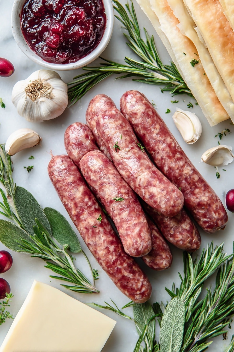 Sausage Cranberry Brie Bites, festive appetizer recipes, easy holiday appetizers, puff pastry appetizers, savory sweet appetizer ideas - Flat lay of fresh Johnsonville Italian sausage links with their rich, slightly marbled texture, whole garlic cloves with papery white skin, vibrant green sprigs of rosemary and sage with delicate leaves, a smooth, creamy block of pale ivory brie cheese with its white rind, bright red jellied cranberry sauce glistening with a glossy finish, and a sheet of frozen puff pastry showing light layers of dough, all naturally arranged in a casual yet balanced layout, placed on white marbled surface, photo taken with an iphone --ar 2:3 --v 7