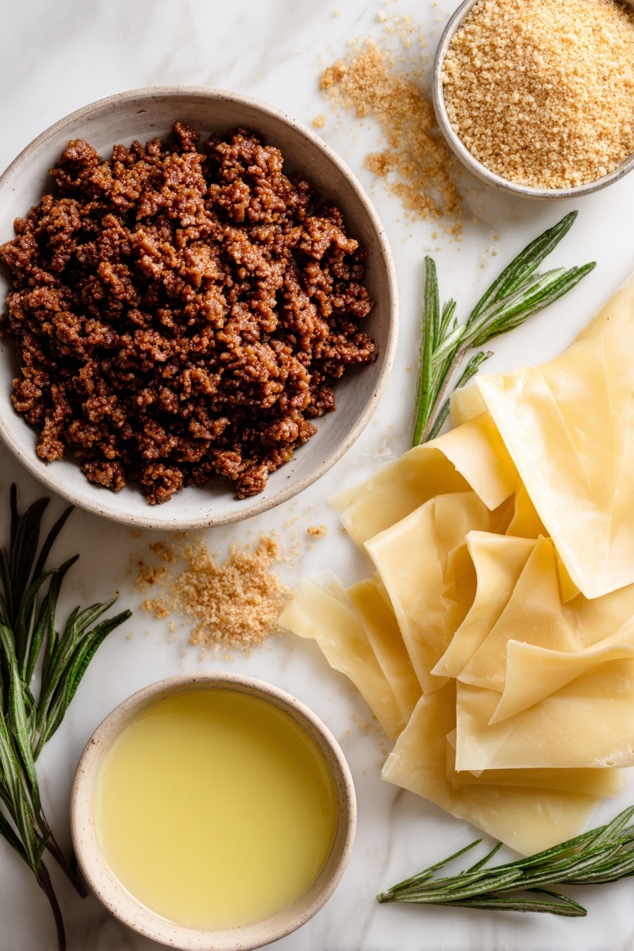 Vegan Sausage Rolls, vegan sausage rolls recipe, plant-based sausage rolls, vegan savory snacks, vegan puff pastry rolls - Flat lay of fresh, raw vegan sausage crumbles with a rich, meaty texture in deep brown tones, surrounded by golden, flaky sheets of frozen puff pastry gently folded, scattered light beige vegan panko breadcrumbs adding a crumbly texture, and a small pool of smooth, melted vegan butter with a soft yellow hue, all arranged naturally with a few sprigs of green herbs for a pop of color, placed on white marbled surface, photo taken with an iphone --ar 2:3 --v 7