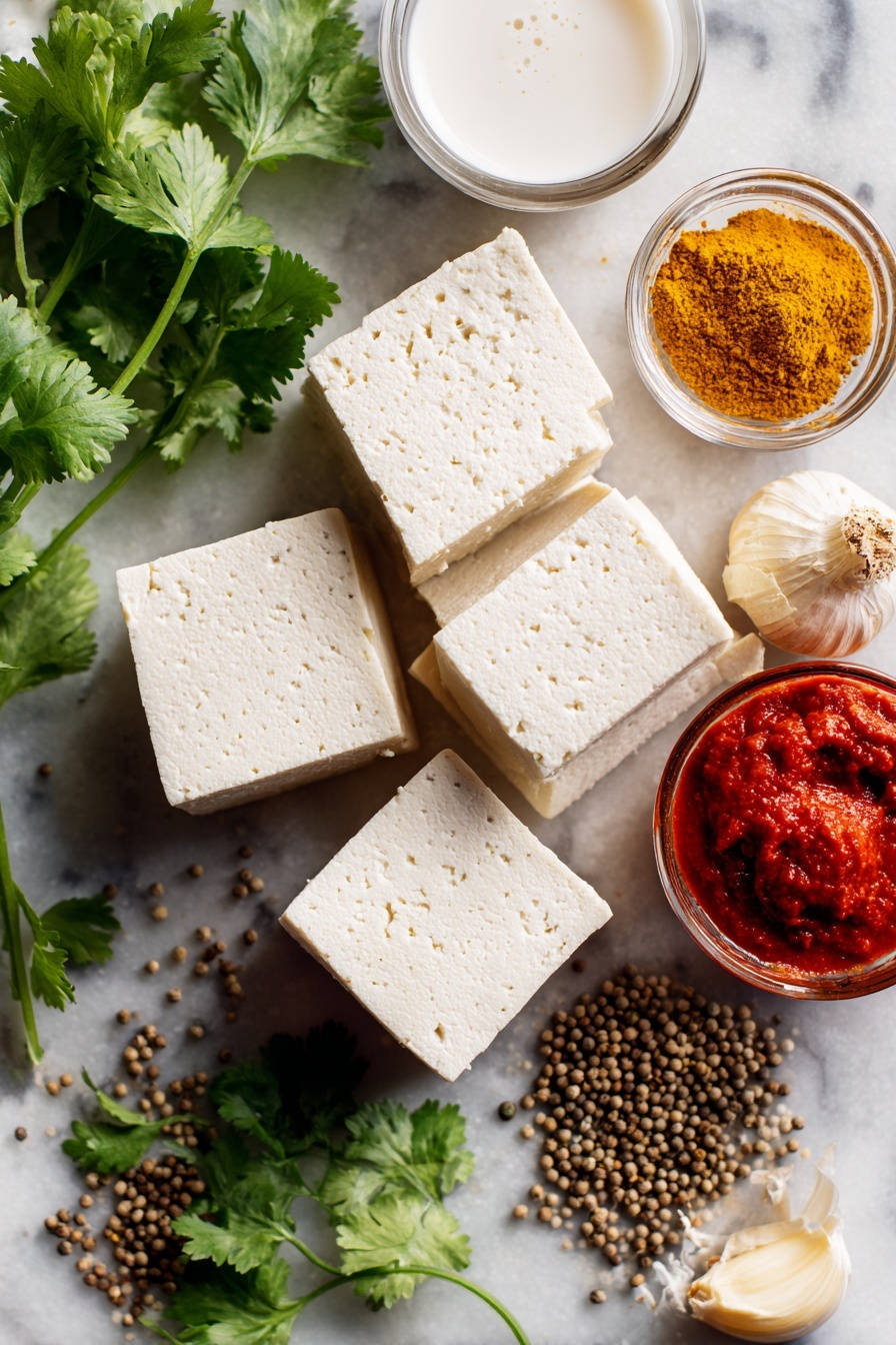 Vegan Butter Chicken, Dairy-Free Vegan Butter Chicken, Plant-Based Butter Chicken, Vegan Tofu Butter Chicken, Creamy Vegan Chicken Curry - Flat lay of extra-firm tofu blocks with a smooth, creamy white texture beside a small pile of bright yellow garam masala and warm brown curry powder, fresh light beige garlic cloves and a knob of pale yellow grated ginger, a glossy dollop of deep red tomato paste, rich white coconut milk in a small clear container, and a handful of vibrant green chopped cilantro leaves, all naturally arranged with a few scattered whole coriander seeds, placed on white marbled surface, photo taken with an iphone --ar 2:3 --v 7