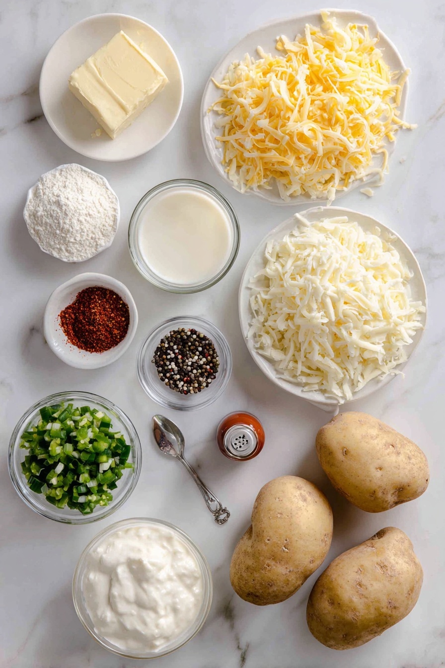 Hobo Casserole, easy comfort food, hearty casserole recipes, cheesy beef casserole, quick weeknight dinners - Flat lay of a small pat of salted butter next to one medium white onion finely diced, a small mound of all-purpose flour, a clear glass of chicken broth, a matching glass of heavy cream, a small bowl of sour cream, a modest pile of diced green chiles, a spoonful of garlic powder, a small bottle of hot sauce, scattered black peppercorns and salt crystals, two pounds of raw ground beef shaped loosely, three large russet potatoes peeled with a few thin slices fanned out, and a generous handful of shredded cheddar cheese, all placed on a white marble surface, photo taken with an iphone --ar 2:3 --v 7