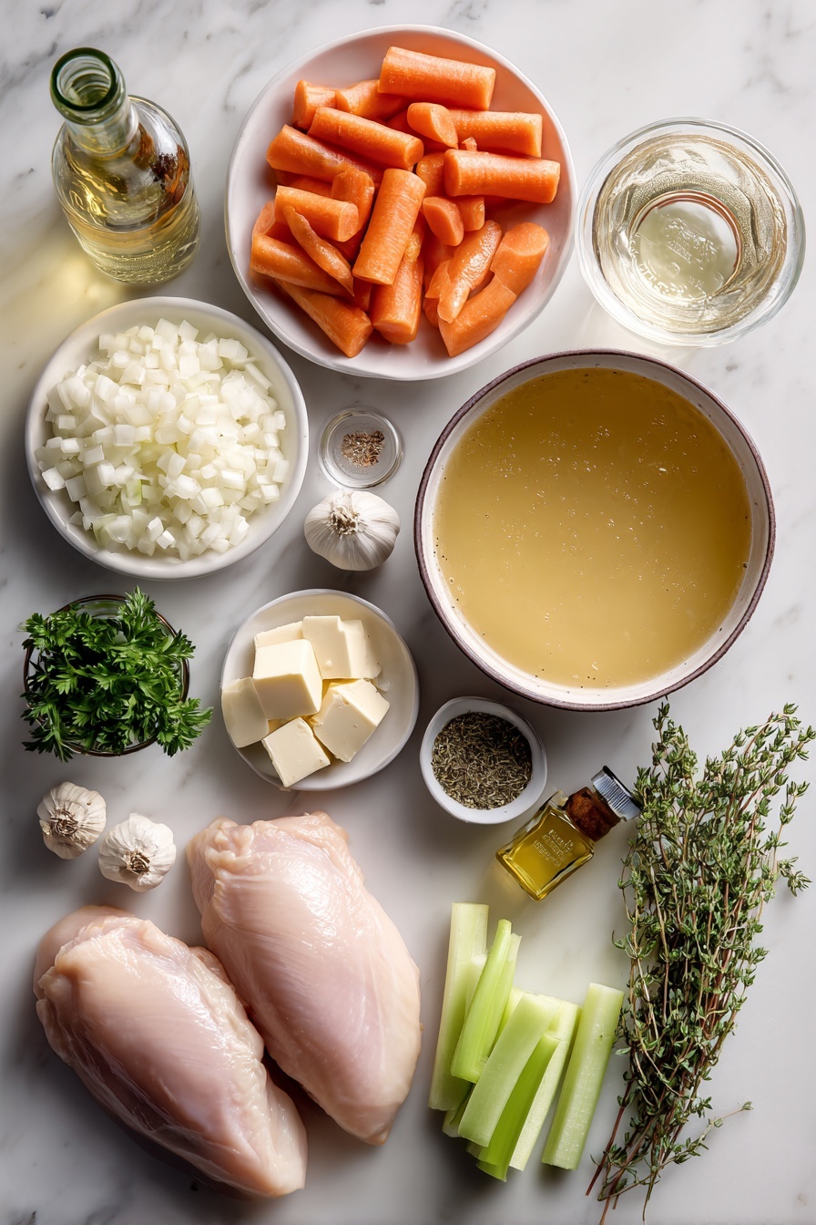Creamy Chicken Soup, comfort food recipes, hearty chicken soup, easy creamy soup, cozy winter soups - Flat lay of one and a half boneless skinless chicken breasts, a medium white onion diced, a small pile of minced garlic cloves totaling about six, four bright orange carrots cut into bite-sized chunks, four sliced celery ribs, a small mound of all-purpose flour, a small glass with a pale liquid representing cooking wine, a large bowl of golden chicken broth, a bowl of creamy heavy cream, four dried bay leaves, small piles of ground sage, dried rosemary, and dried thyme, a few pats of salted butter, a small bottle of olive oil, and a small bunch of fresh chopped parsley placed on a white marble surface, photo taken with an iphone --ar 2:3 --v 7