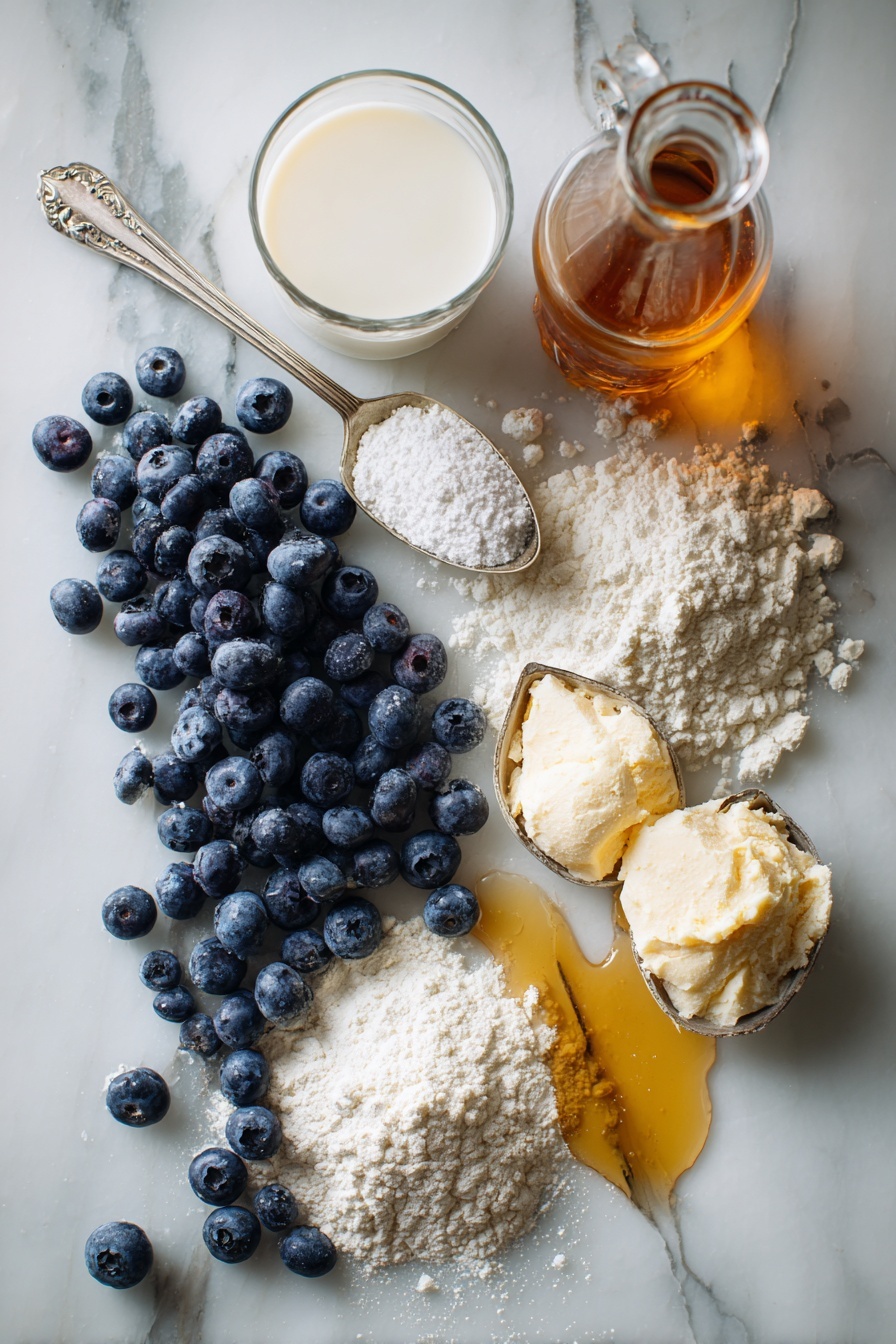 Vegan Blueberry Pancakes, vegan breakfast recipes, fluffy blueberry pancakes, plant-based pancake recipe, easy vegan breakfast - Flat lay of fresh blueberries spilling from a small cluster, a glass of creamy unsweetened soy milk, a few rustic scoops of all purpose flour, golden melted vegan butter glistening in a small puddle, a bottle of amber apple cider vinegar with a slight sheen, a sprinkle of granulated sugar crystals casting tiny sparkles, and a light dusting of baking powder powdery white piles arranged neatly, all placed on a white marble surface, photo taken with an iphone --ar 2:3 --v 7