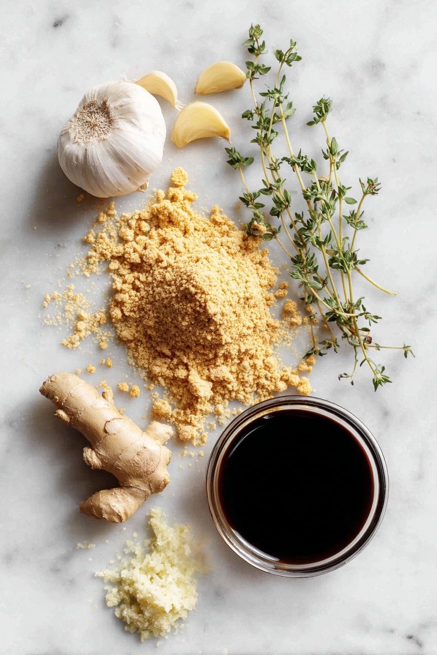 Honey Ginger Seitan with Crispy Pan-Fried Glazed Bites, vegan seitan recipe, plant-based honey ginger bites, crispy glazed vegan appetizer, savory vegan seitan dish - Flat lay of vital wheat gluten in a small mound, golden nutritional yeast flakes, bright fresh garlic cloves, a small pile of grated fresh ginger, a glossy pool of dark soy sauce, light golden agave syrup, dried thyme sprigs, and a few scattered chickpea flour grains, all beautifully arranged on a white marble surface, photo taken with an iphone --ar 2:3 --v 7
