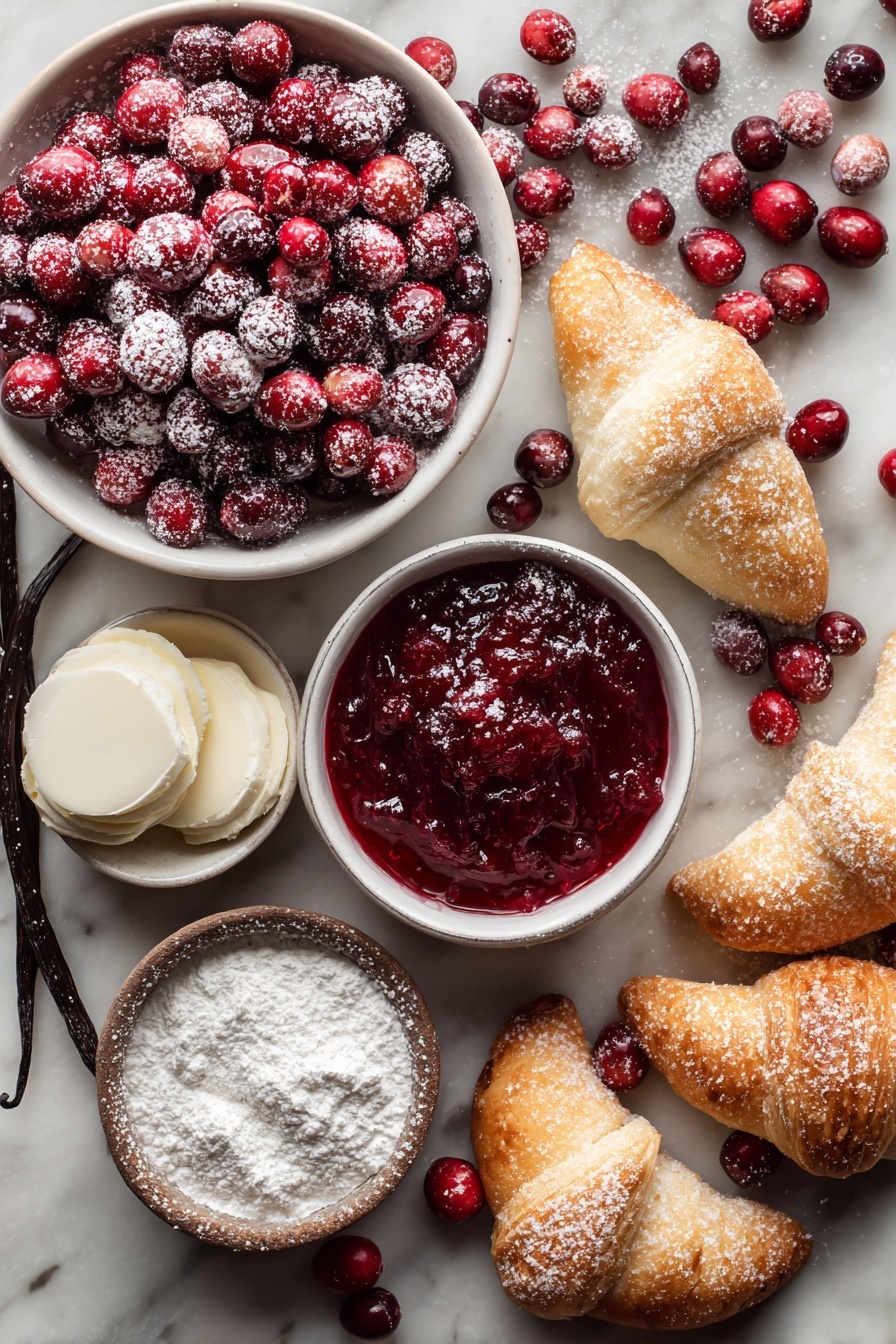 Cranberry Cheesecake Rolls, cranberry cheesecake dessert, easy cranberry pastry, holiday brunch ideas, cream cheese crescent rolls - Flat lay of fresh whole berry cranberries glistening with deep red hues, smooth blocks of cream cheese softly textured and creamy white, delicate crescent roll dough triangles slightly dusted with powdered sugar, small piles of fine white powdered sugar, a vanilla bean pod for visual interest, and a small bowl of rich red cranberry sauce, all beautifully arranged with a pinch of coarse sugar crystals scattered lightly around, placed on a white marble surface, photo taken with an iphone --ar 2:3 --v 7