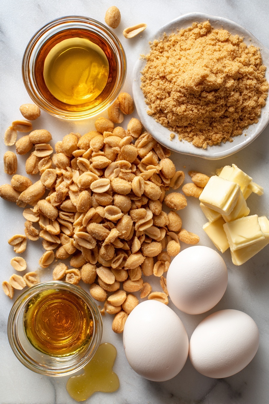 Virginia Peanut Pie, Peanut Pie Recipe, Classic Peanut Pie, Easy Peanut Pie, Southern Peanut Pie - Flat lay of whole roasted salted peanuts piled next to roughly crushed peanut pieces, a small glass jar of light golden corn syrup shimmering in the light, a heap of packed light brown sugar with a soft, sandy texture, three large fresh eggs with smooth shells, a small puddle of melted pale yellow unsalted butter, and a clear glass bottle of rich vanilla extract with its deep amber color, all beautifully arranged on a white marble surface, photo taken with an iphone --ar 2:3 --v 7