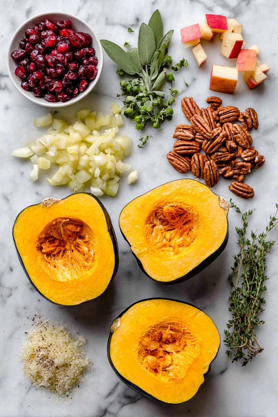 Stuffed Acorn Squash with Turkey, Apples, Cranberries, and Pecans, healthy stuffed acorn squash recipe, easy Thanksgiving squash dish, savory roasted acorn squash, fall comfort food - Flat lay of two acorn squash halved with vibrant orange flesh, a handful of chopped green fresh sage leaves, sprigs of thyme with tiny green leaves, a small pile of chopped yellow onion, two peeled garlic cloves, diced red apple pieces, a scattering of bright red dried cranberries, a cluster of chopped brown pecans, and a small mound of grated pale parmesan cheese, all beautifully arranged on a white marble surface, photo taken with an iphone --ar 2:3 --v 7