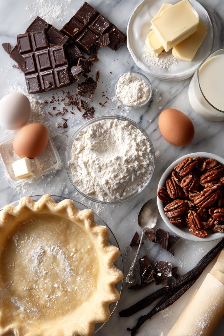 Colonial Innkeeper's Pie, colonial dessert recipes, layered chocolate pie, vintage pie recipes, historical dessert ideas - Flat lay of whole unsweetened chocolate pieces, chopped pecans, a stick of softened butter, granulated sugar crystals, a fresh large egg, a small glass of whole milk, vanilla beans and a rolled unbaked pie crust, beautifully arranged with a small pile of sifted all-purpose flour and a teaspoon of baking powder placed on a white marble surface, photo taken with an iphone --ar 2:3 --v 7