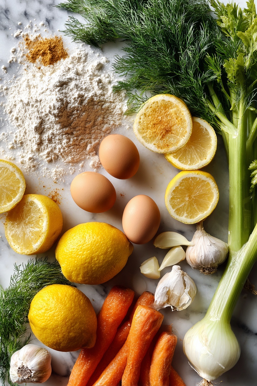 Lemon Chicken & Spaetzle Soup, lemon chicken soup, spaetzle soup recipe, comforting chicken soup with lemon, homemade spaetzle dumplings - Flat lay of bright yellow lemons sliced in halves and wedges, fresh green dill sprigs with delicate feathery leaves, whole white onions and peeled garlic cloves, crisp orange carrots and celery stalks chopped into small pieces, smooth brown eggs cracked open showing rich yolks, and a mound of pale creamy all-purpose flour dusted with a pinch of nutmeg powder, all beautifully arranged to show vibrant colors and fresh textures, placed on a white marble surface, photo taken with an iphone --ar 2:3 --v 7
