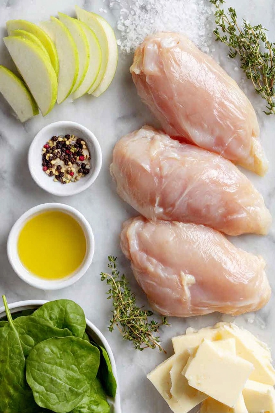 Apple and Brie Stuffed Chicken, stuffed chicken breast with apple and brie, easy stuffed chicken recipes, elegant chicken dinner ideas, quick gourmet chicken - Flat lay of four raw boneless skinless chicken breasts with smooth pale pink flesh, a small heap of coarse kosher salt crystals, a few whole black peppercorns, fresh green thyme sprigs, a small handful of vibrant baby spinach leaves, thinly sliced pale green apple arranged neatly, creamy white wedges of Brie cheese with soft rind, two small white bowls containing glossy Dijon mustard and coarse ground mustard seeds, and a small white bowl with golden extra-virgin olive oil, all placed on a clean white marble surface, soft natural light, photo taken with an iPhone, professional food photography style, fresh ingredients, white ceramic bowls, no bottles, no duplicates, no utensils, no packaging --ar 2:3 --v 7 --p awthu7i m7354615311229779997