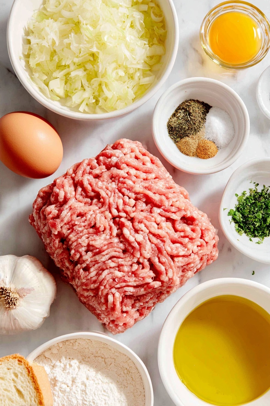 Lemon Sauce Meatballs, lemon meatballs with lemon sauce, tangy meatball recipe, flavorful lemon meatballs, easy lemon meatballs - Flat lay of fresh raw ground pork, fresh raw lean ground beef, one whole large brown egg, a small bowl of torn crustless white bread soaked in white wine, a small white bowl of finely minced yellow onion, four whole garlic cloves peeled, a small white bowl of dried oregano, a small white bowl of dried parsley, a small white bowl of ground cumin, a small white bowl of fine sea salt, a small white bowl of ground black pepper, a small white bowl of golden olive oil, a small white bowl of pale yellow lemon juice, a small white bowl of golden butter, a small white bowl of all-purpose flour, a small white bowl of hot vegetable stock placed on a clean white marble surface, soft natural light, photo taken with an iPhone, professional food photography style, fresh ingredients, white ceramic bowls, no bottles, no duplicates, no utensils, no packaging --ar 2:3 --v 7 --p awthu7i m7354615311229779997