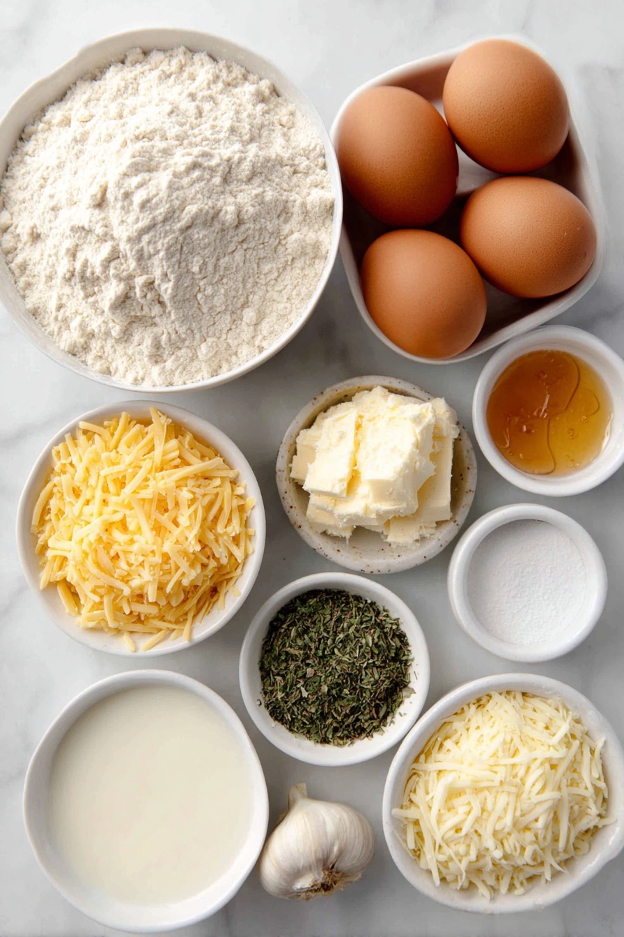 Garlic Herb Cheddar Cheese Bread, cheesy bread, garlic bread recipe, herb bread, cheesy garlic bread - Flat lay of a small white ceramic bowl of warm whole milk, a small white ceramic bowl of golden honey, three whole large brown eggs with clean shells, a small heap of all-purpose flour dusted lightly nearby, a teaspoon of coarse kosher salt in a small white ceramic bowl, a small white ceramic bowl of crumbled active dry yeast, a small pile of shredded bright orange cheddar cheese, a small pile of shredded creamy white mozzarella cheese, a small white ceramic bowl of finely grated pale parmesan cheese, a small white ceramic bowl filled with a mix of fresh chopped Italian herbs including sage, oregano, basil, and thyme, and two whole fresh garlic cloves alongside a small white ceramic bowl containing freshly grated garlic, all arranged symmetrically and balanced, placed on a clean white marble surface, soft natural light, photo taken with an iPhone, professional food photography style, fresh ingredients, white ceramic bowls, no bottles, no duplicates, no utensils, no packaging --ar 2:3 --v 7 --p awthu7i m7354615311229779997