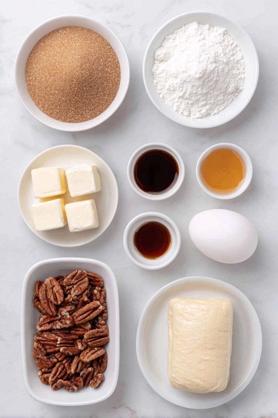 Maple Pecan Pastry Braid, Maple Pecan Pastry, Fall Pastry Braid, Sweet Breakfast Pastry, Pecan and Maple Pastry - Flat lay of a small mound of light brown sugar, a few chunks of salted butter, a small white bowl with pure maple syrup, a small white bowl with vanilla extract, a small white bowl with ground cinnamon, a white ceramic plate holding chopped pecans, a sheet of thawed puff pastry on a simple white ceramic tray, one large whole egg with a clean shell, a small white bowl with a splash of water, a small white bowl with powdered sugar, placed on a clean white marble surface, soft natural light, photo taken with an iPhone, professional food photography style, fresh ingredients, white ceramic bowls, no bottles, no duplicates, no utensils, no packaging --ar 2:3 --v 7 --p awthu7i m7354615311229779997